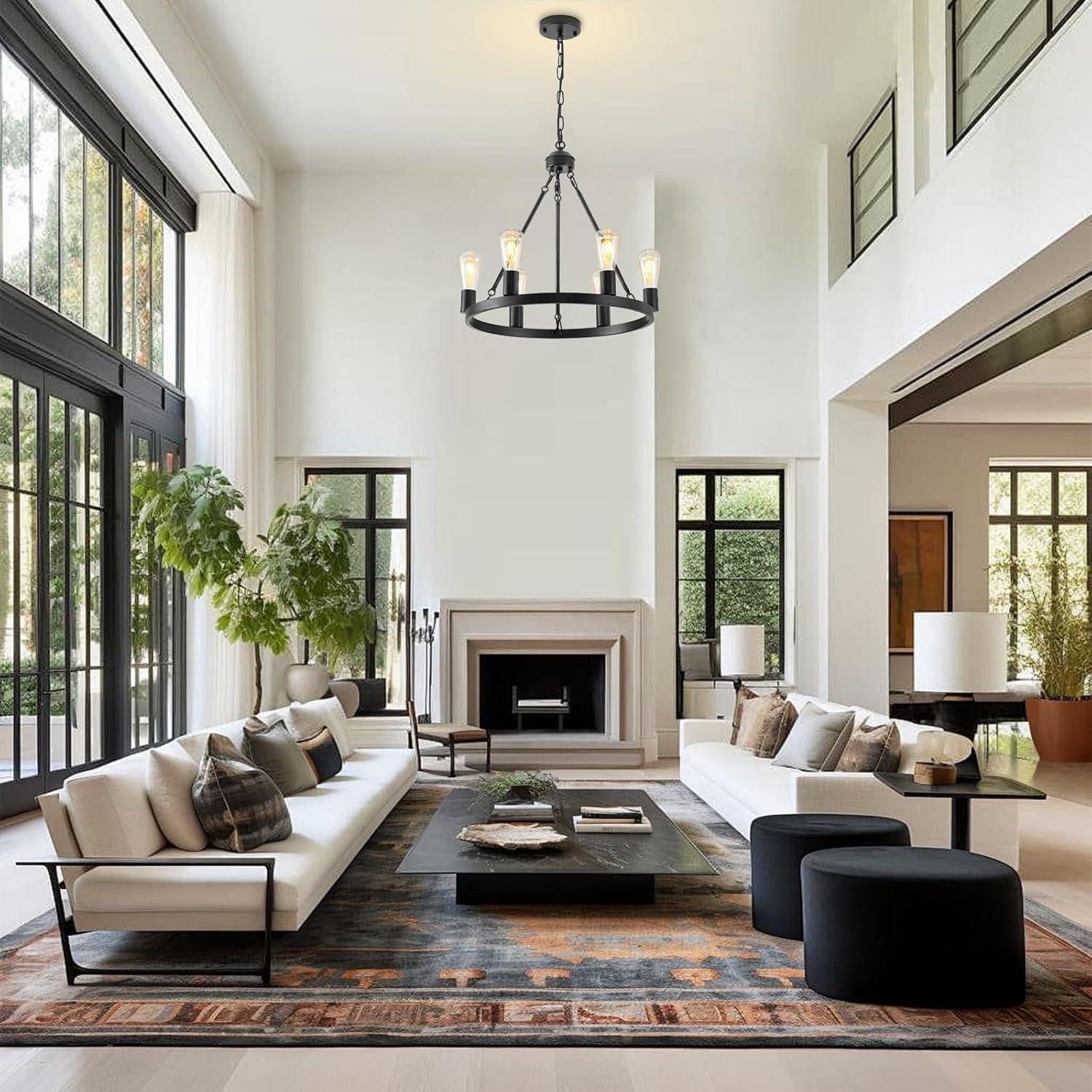 Farmhouse 6 Lights Black Wagon Wheel Chandelier,Modern Vintage Round Pendant Light Fixture for Dining Room,Living Room, Entryway Foyer Kitchen Island, E26