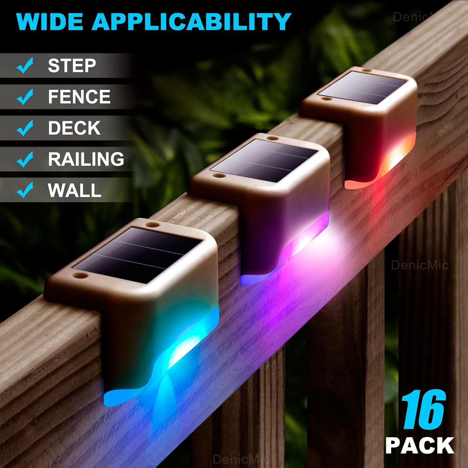 Solar Deck Lights Outdoor, 16 Pack Solar Step Lights Waterproof LED Solar Lights for Outdoor Decks, Railing,Stairs, Step, Fence, Yard, and Patio Christmas Decoration Lights, Colorful