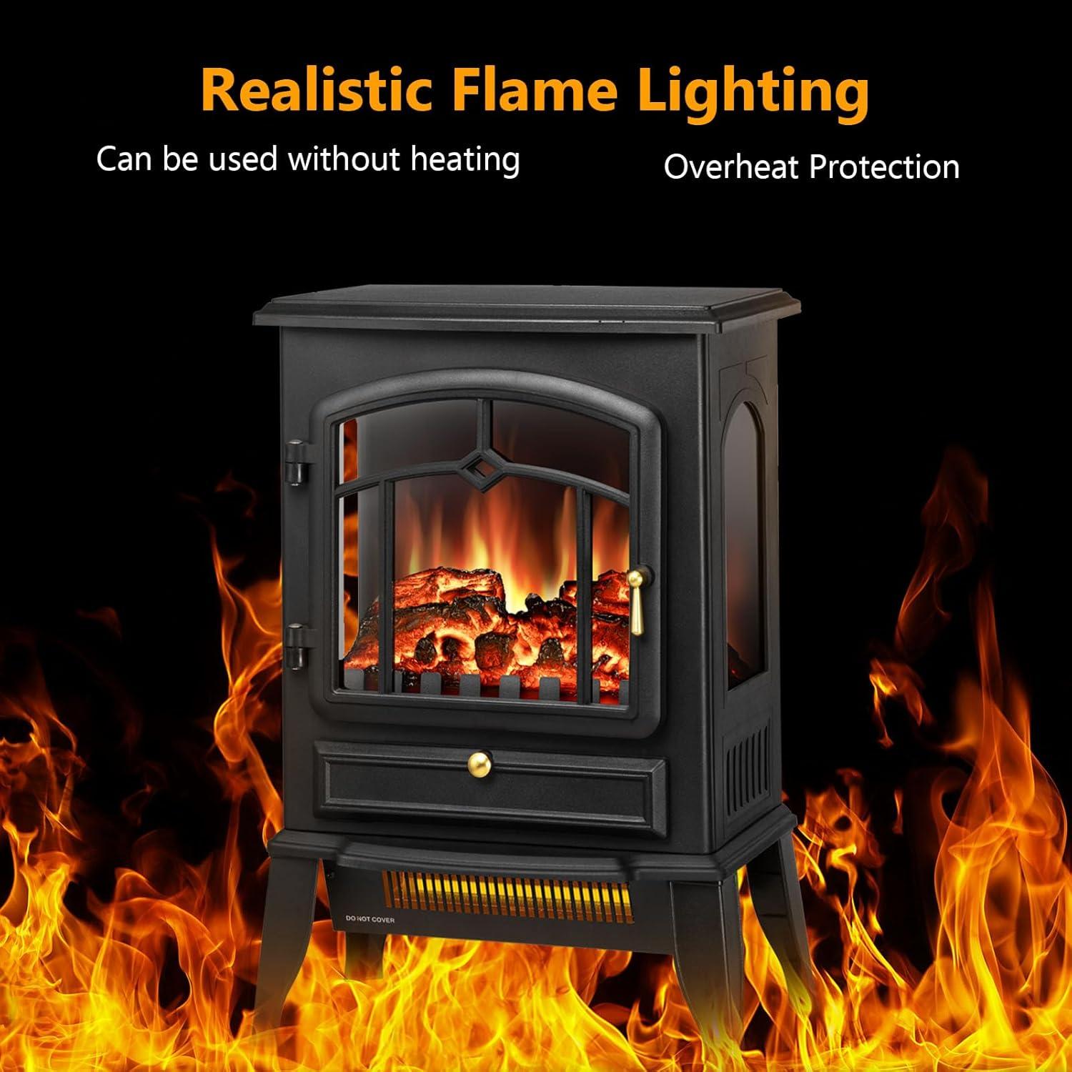 WAA Infrared Electric Fireplace Stove,15" Freestanding Fireplace Heater,Adjustable Brightness and Heating Mode,1000W/1500W,Black