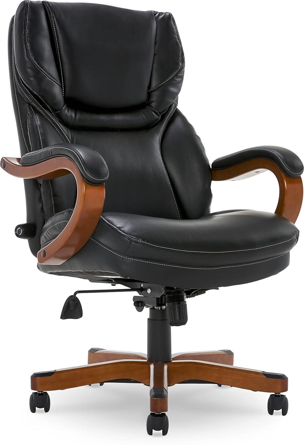 Executive Office Chair in Black Bonded Leather - Serta: High-Density Foam, Fixed Arms, Wood Frame