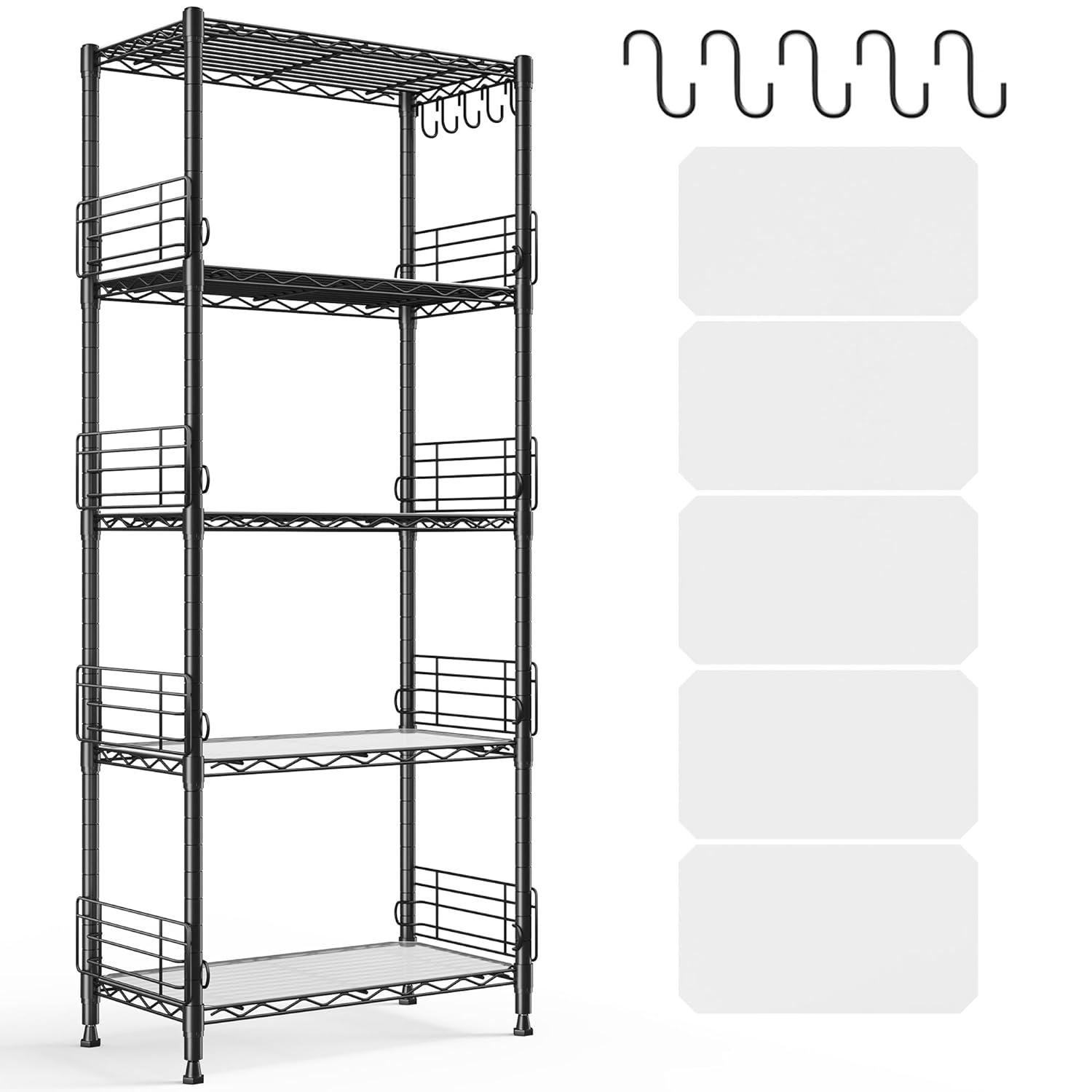 LINSY HOME Pantry Storage Shelves, 5-Tier Adjustable Heavy Duty Metal Storage Shelf, 59" Tall Standing Shelf, Upgrade Steel Wire Rack Organizer for Kitchen, Bathroom, Garage, Living Room, Black
