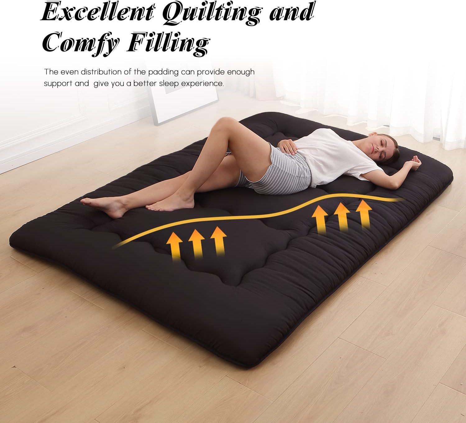 Japanese Floor Mattress, Japanese Futon Mattress Tatami Mat with Washable Cover, Easy to Store and Portable for Camping,(Black, Full)