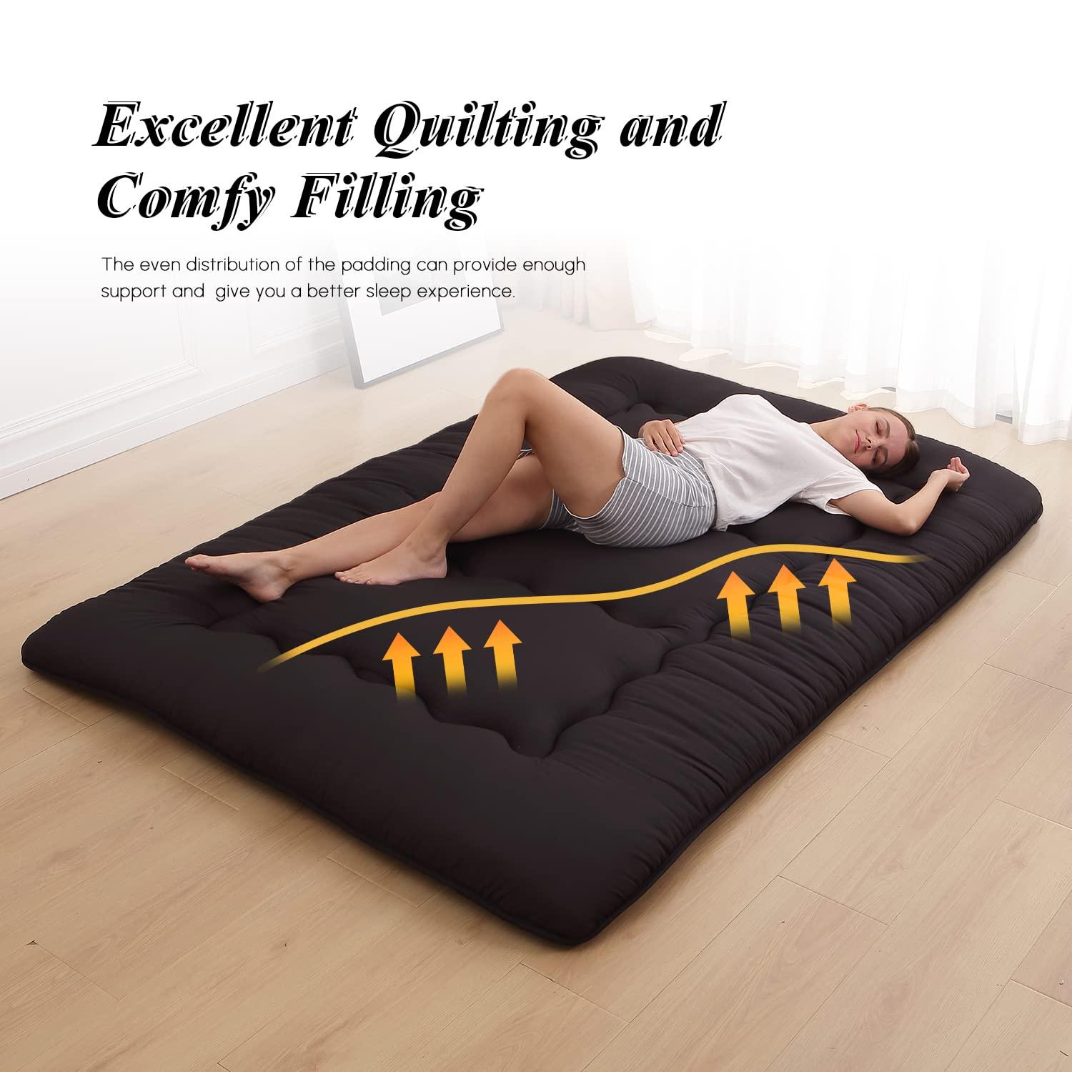 Japanese Floor Mattress, Japanese Futon Mattress Tatami Mat with Washable Cover, Easy to Store and Portable for Camping,(Black, Full)