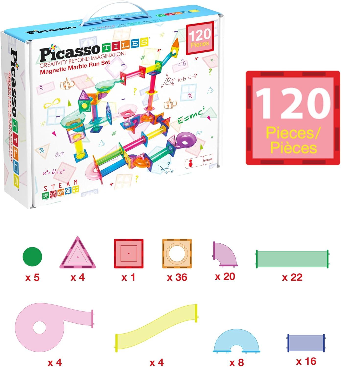 PICASSO-TILES Marble Run Race Track Set,  Magnetic Tiles, Building Blocks, STEM Toys for Kids, 120pc
