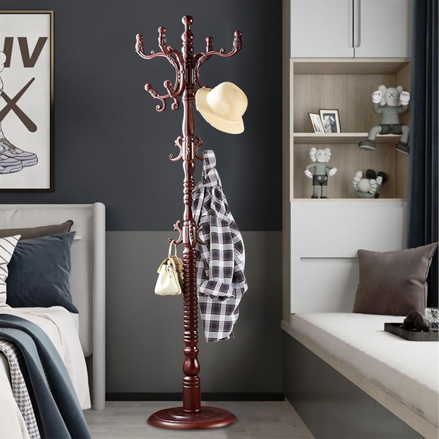 Red Barrel Studio® Wood Coat Rack Stand, Wooden Coat Rack Freestanding With Sturdy Round Base, Coat Racks With 14 Hooks, Natural Birch Wood Entryway Coat Tree Hanger Stand Easy To Assemble