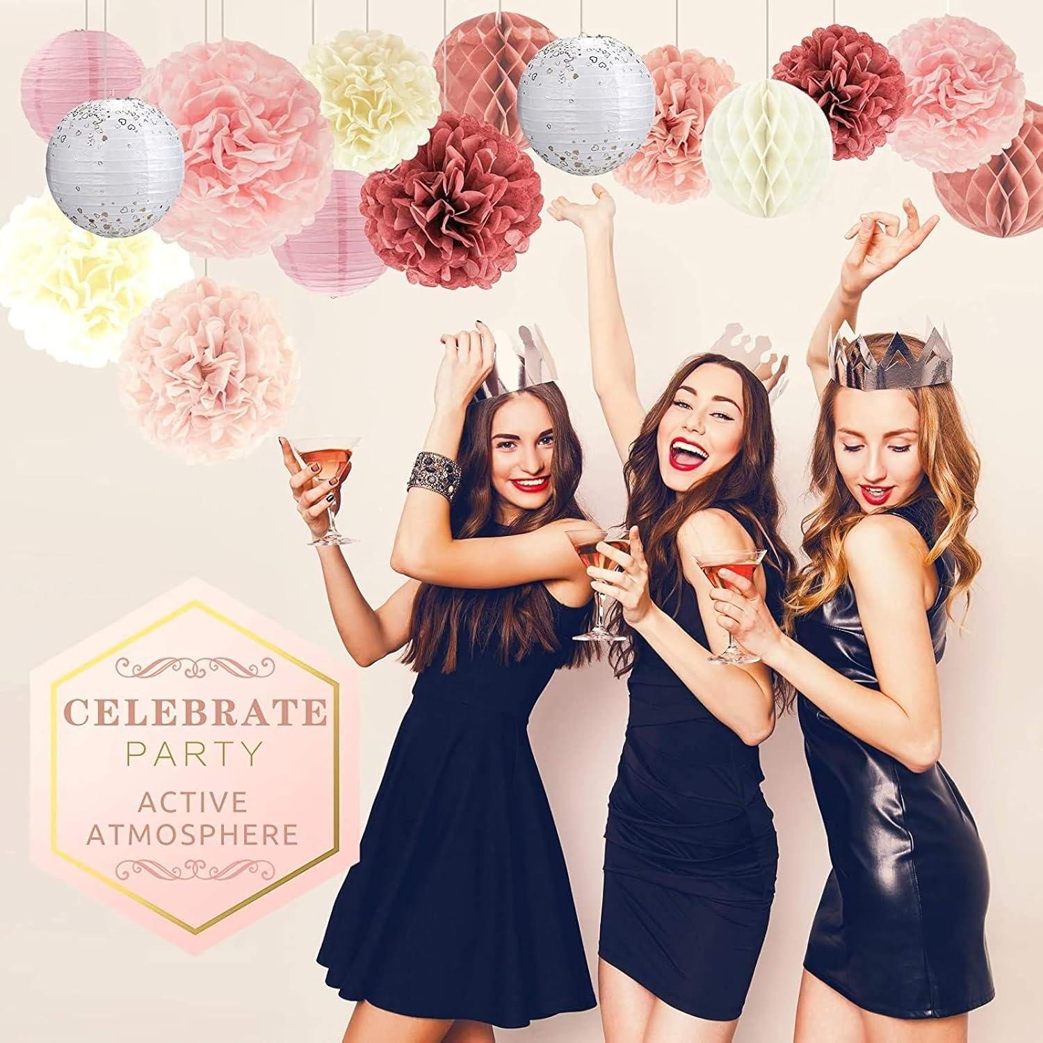 EpiqueOne 22-Piece Tissue Paper Pom Poms and Paper Lantern Party Kit - Add a Splash of White, Pink, & Mauve to Your Celebrations!