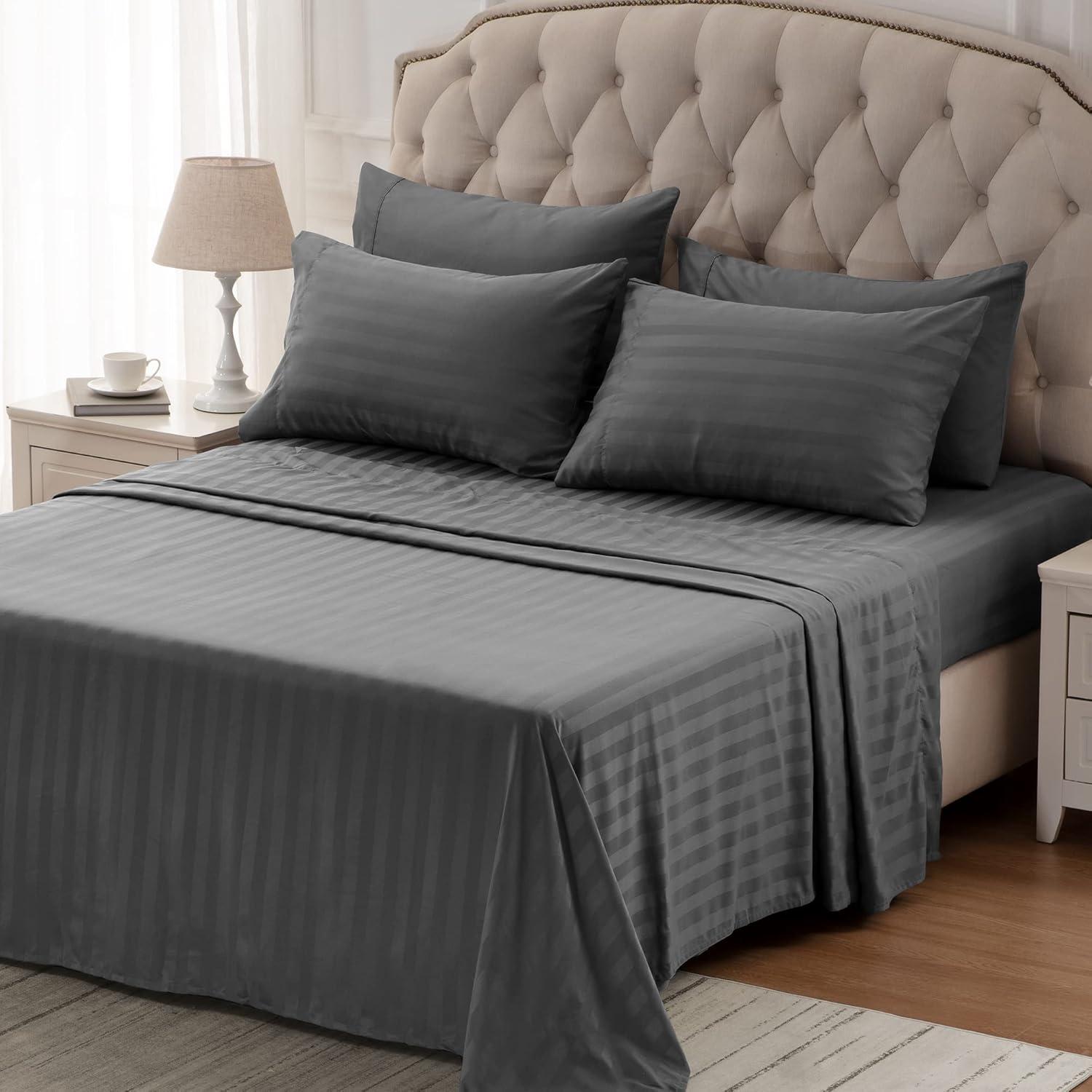 Gray King Cotton Damask Stripe 4-Piece Sheet Set