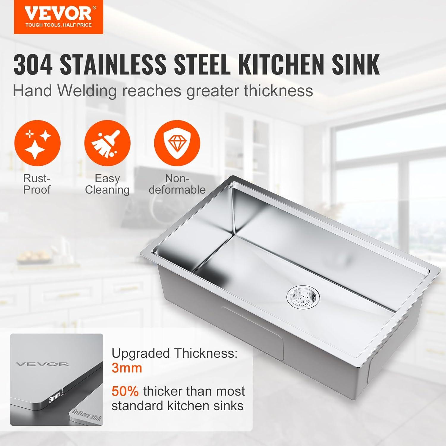 32'' L Undermount Single Bowl Stainless Steel Kitchen Sink