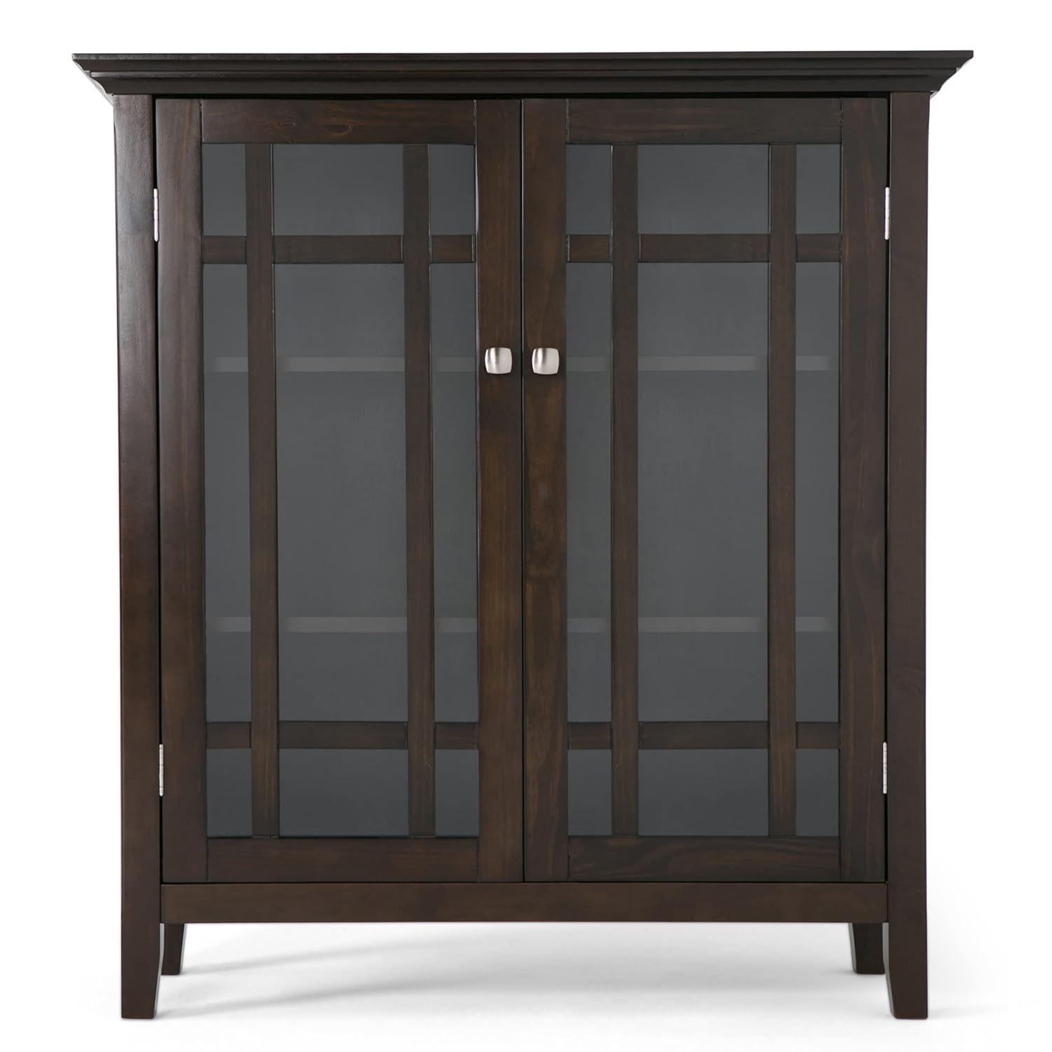 Simpli Home Bedford 39"W Solid Wood 4-Shelf Medium Storage Cabinet with Glass Doors and Adjustable Shelves