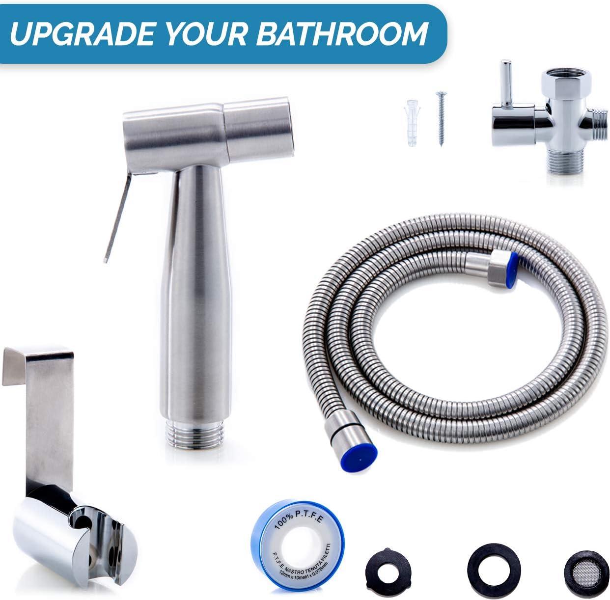 Bidet - Stainless Steel - Hand-Held Sprayer Attaches to Toilet - 59-Inch Hose Convenient for Additional Cleaning Activities - Three Pressure Levels - Toilet Hook Holder - Brushed Finish