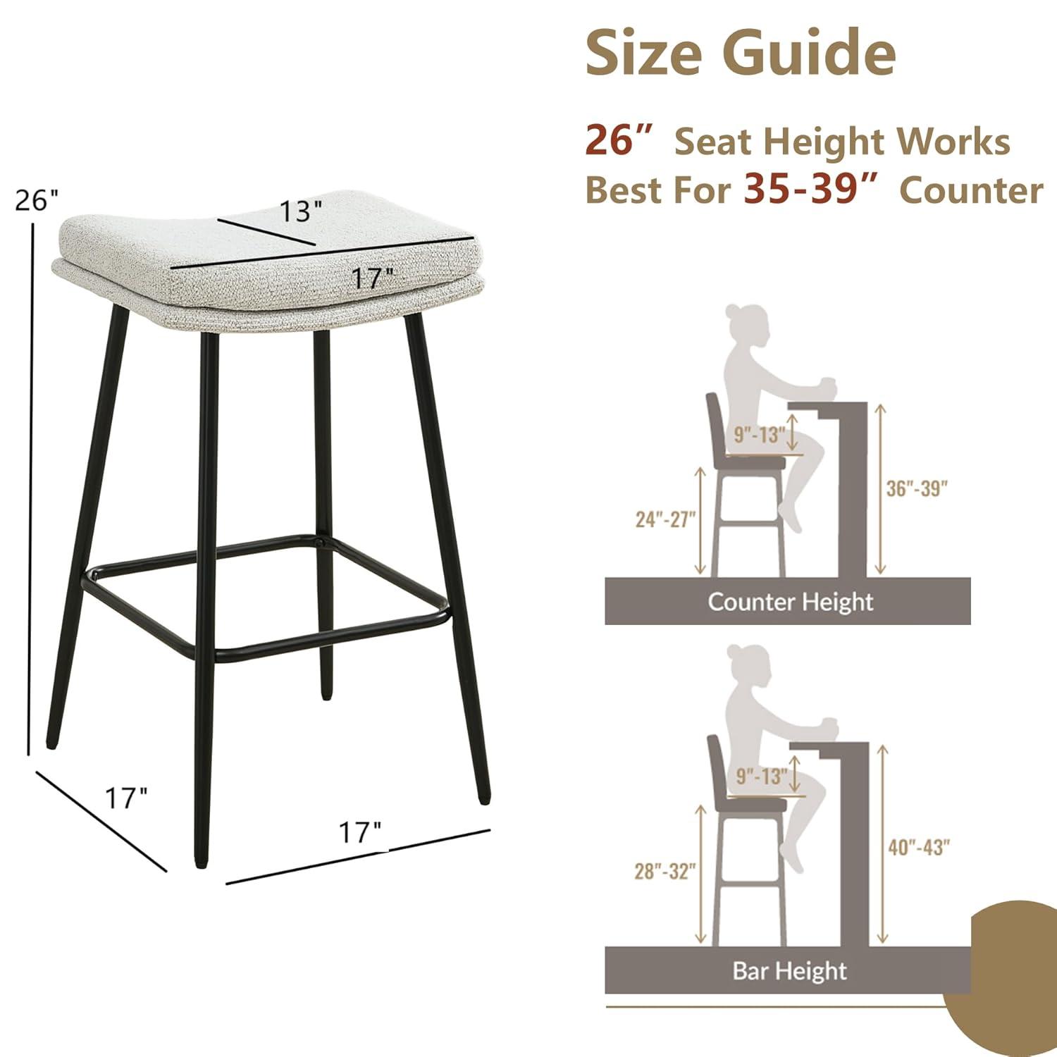26 inch Counter Height Bar Stools Set of 2, Backless Saddle Bar Stools for Kitchen Counter, White Boucle Seat, Modern Kitchen Stools with Double Layered Cushion and Metal Legs