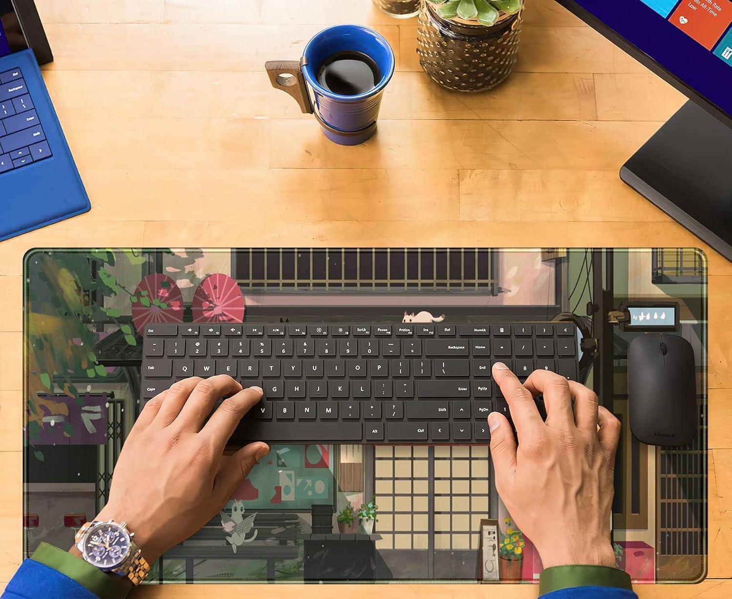 Cat Cafe Desk Mat Cute Anime Mouse Pads, Kawaii Desk Pad Large Gaming Mousepad XXL 31.5x15.75 in, Japanese Street Aesthetic Keyboard Mat Pad, Laptop Computer Desktop Decor Mat for Women Office