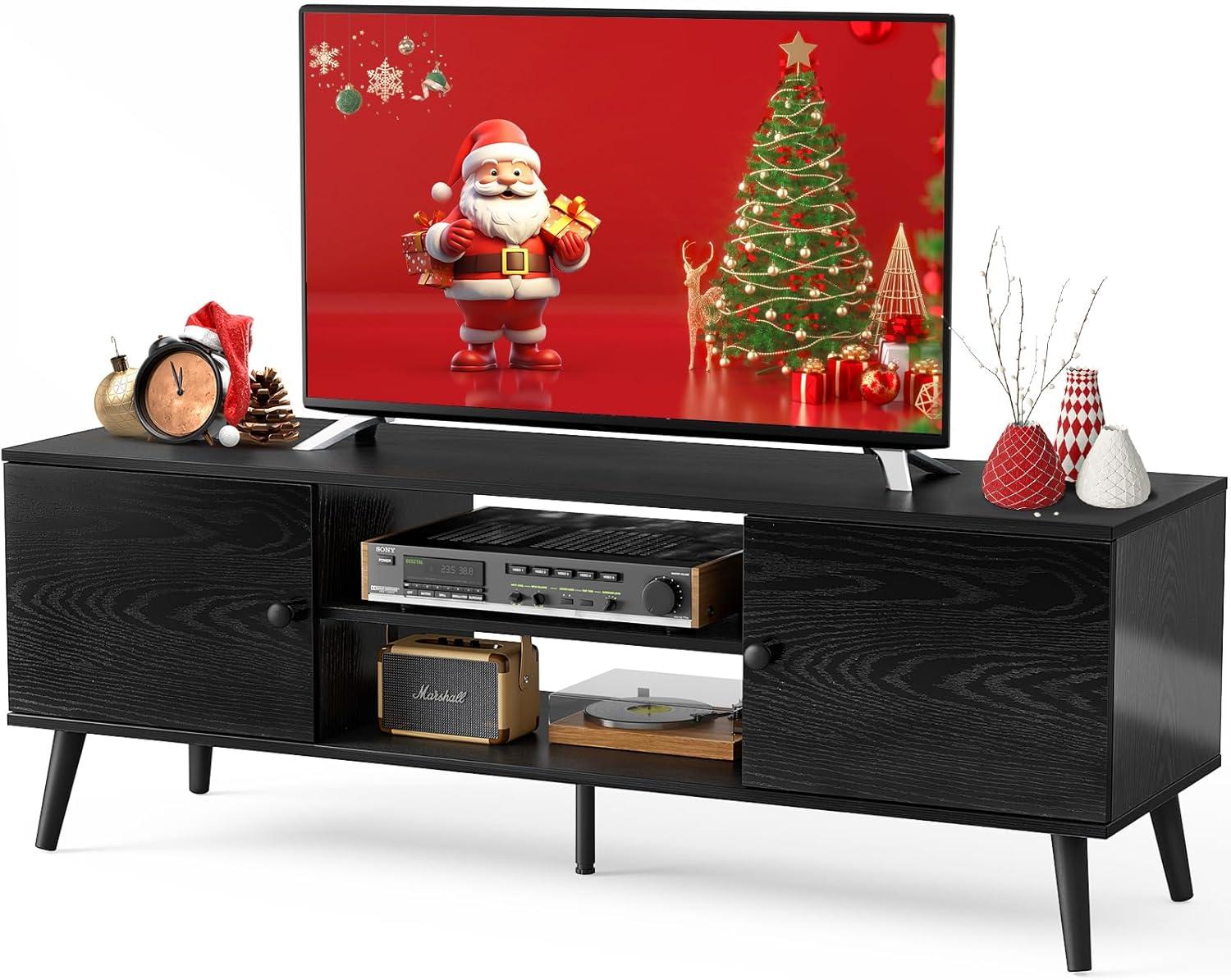 edx Modern TV Stand for 55-60 inch TV, Mid Century Entertainment Centre, Media Console Table with Storage for Living Room, Office, Black