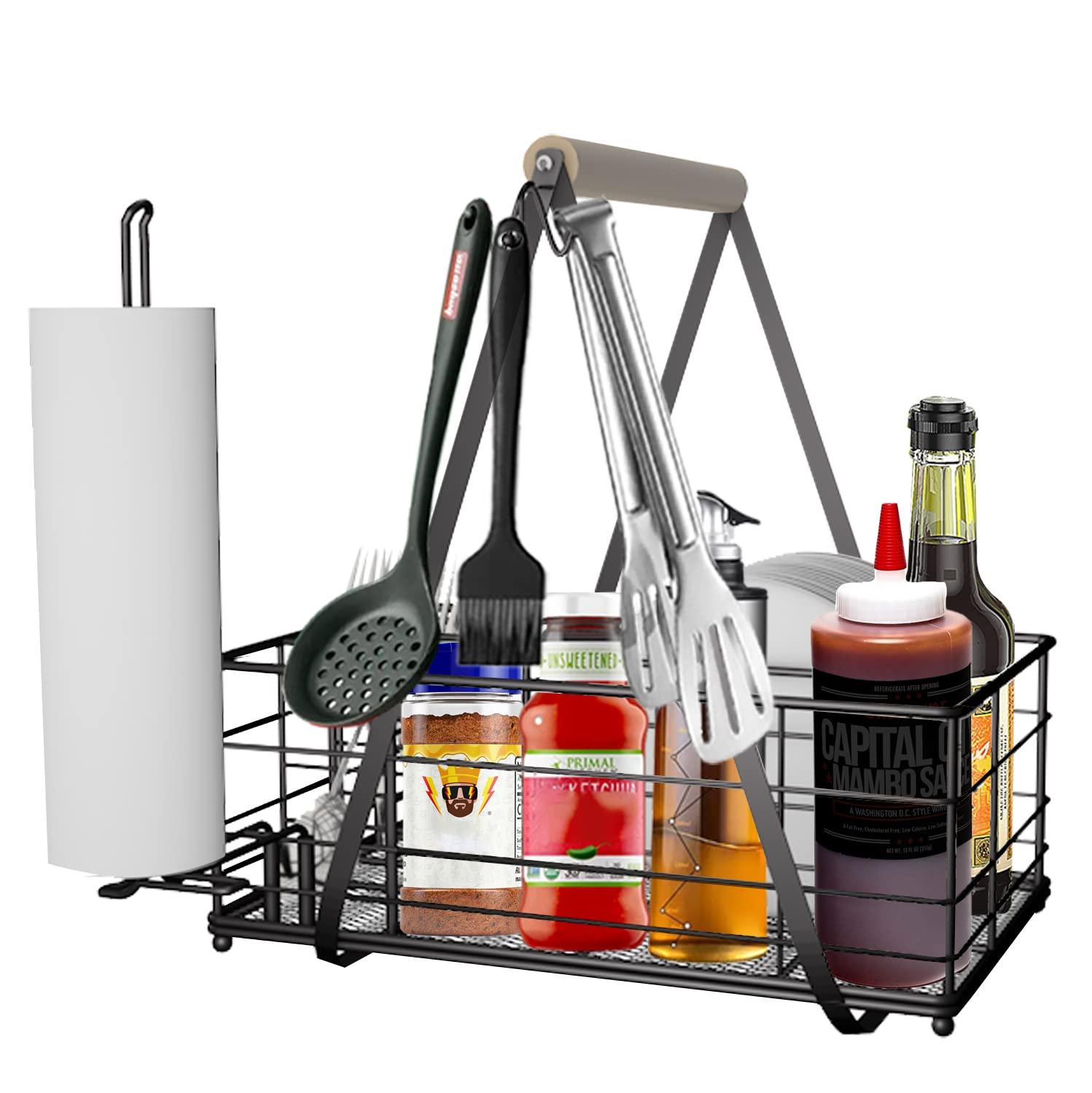 Grill Caddy Metal BBQ Caddy with Paper Towel Holder Utensil Picnic Condiment Large BBQ Grill Tool Holder Organizer Storage Adjustable Compartment Storage