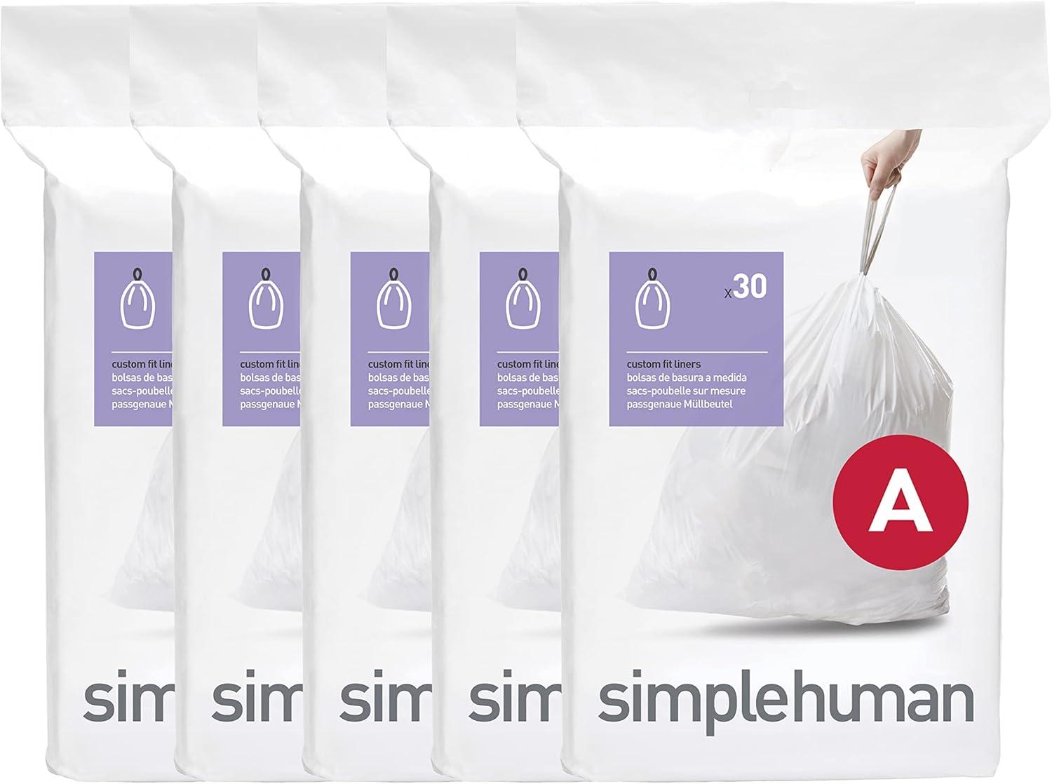 simplehuman 4.5L Code A Custom Fit Bathroom Trash Bag Liners 5 Quick-Dispense Packs - 150ct