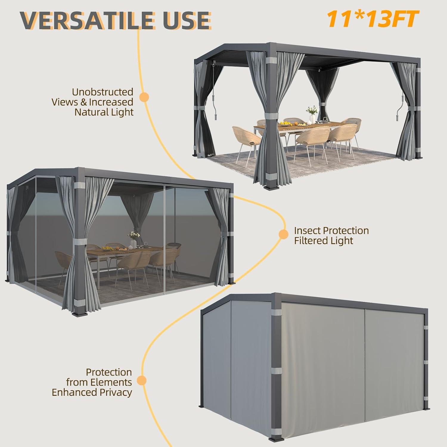 Erommy  Outdoor Louvered Pergola Gazebo with Adjustable Aluminum Rainproof Roof and Pull-Down Screen 11'x13' A Shape - Grey