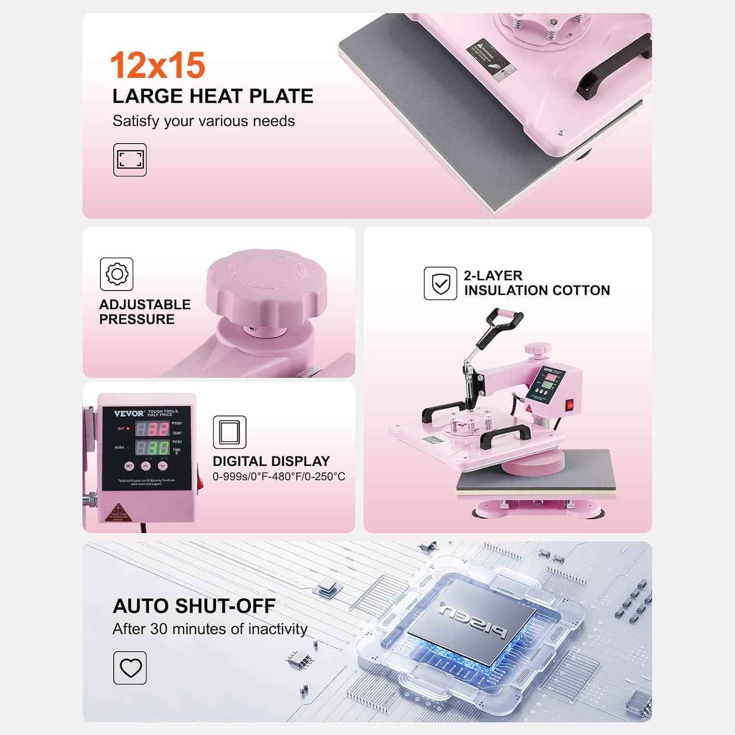 VEVOR Heat Press Machine 15x15 inch, Heat Press Machine for T-Shirts, 5 in 1 Heat Press with 30 OZ Tumbler Press, Combo Tumbler Heat Press Machine Sublimation for Hat Cap Mug Plate, Pink