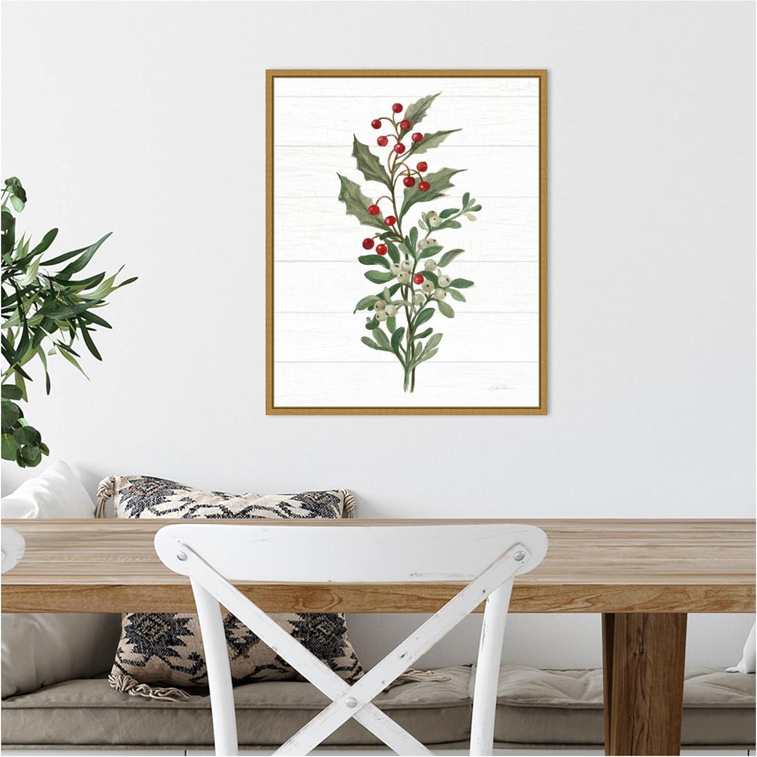 Christmas Holly and Mistletoe Canvas Print with Gold Frame