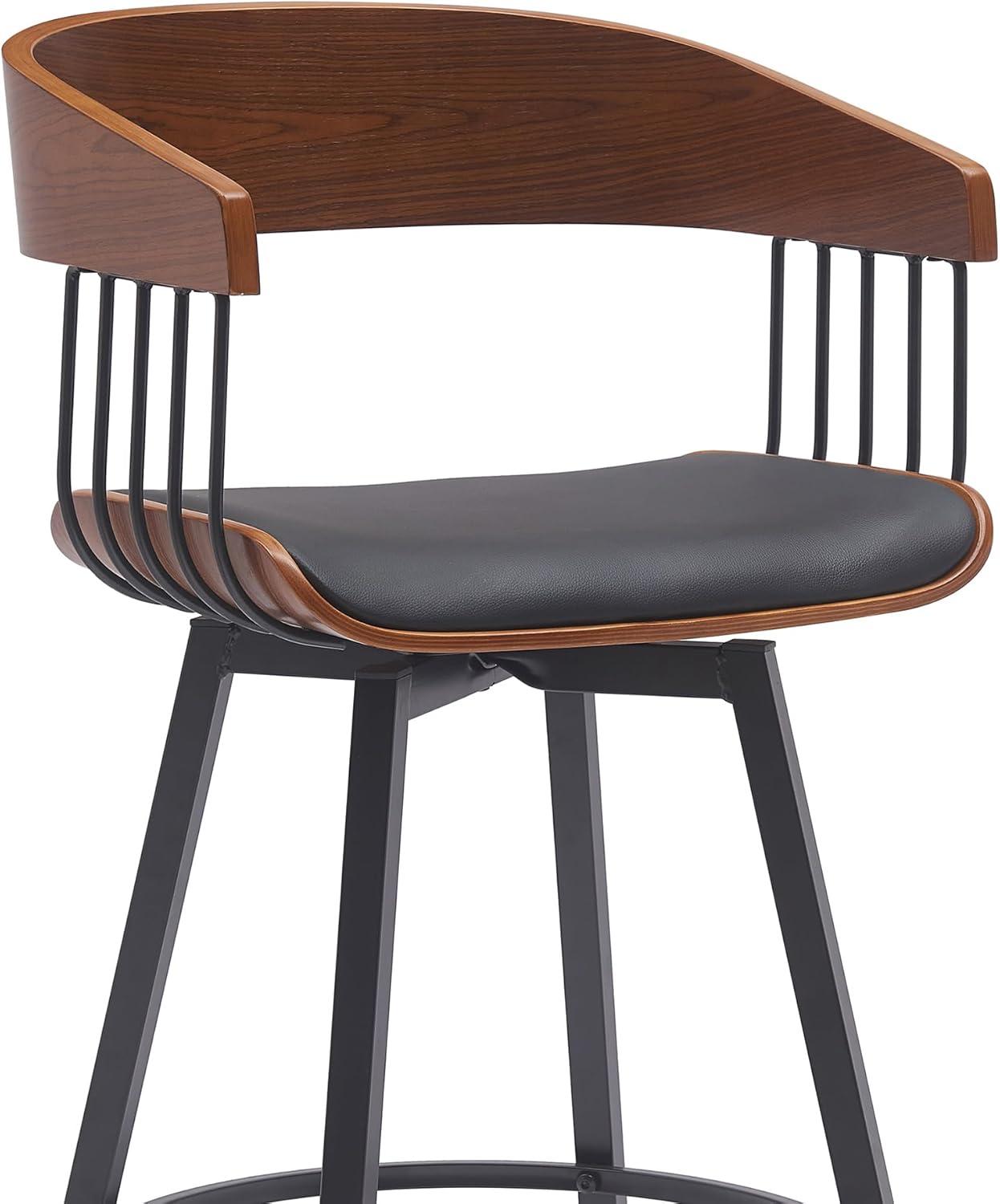 Armen Living Indoor Athena 31" Swivel Walnut Wood Bar Stool in Black Faux Leather with Black Metal