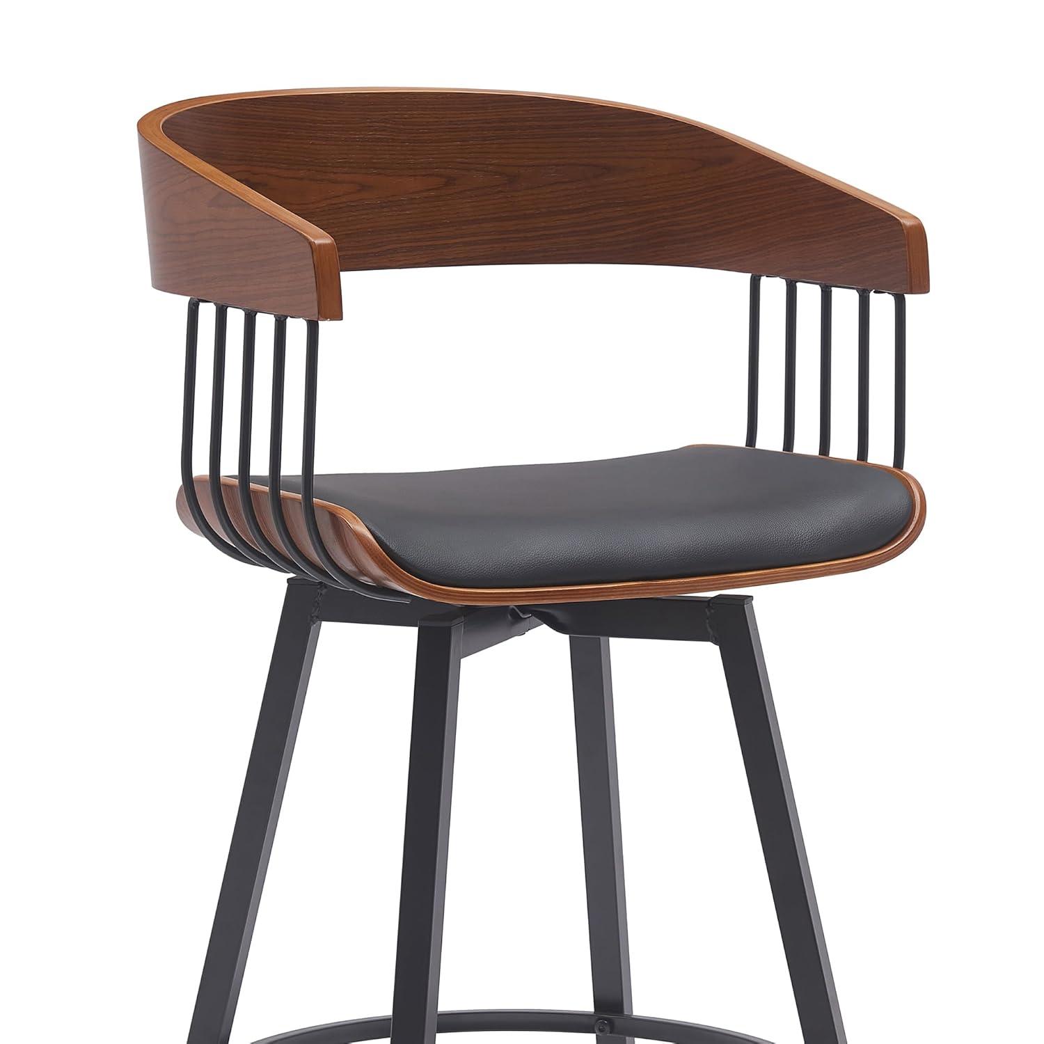 Armen Living Indoor Athena 31" Swivel Walnut Wood Bar Stool in Black Faux Leather with Black Metal