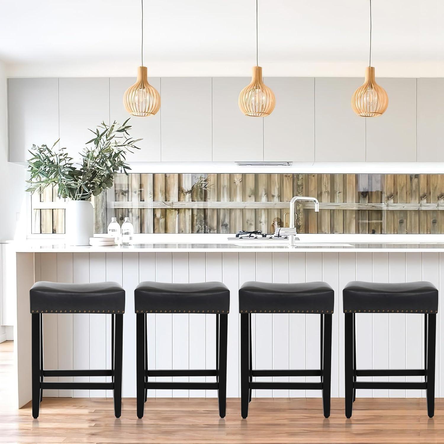 Furniliving 26" Backless Counter Stool Set of 4, Counter Height Bar Stools PU Saddle Stool, Black