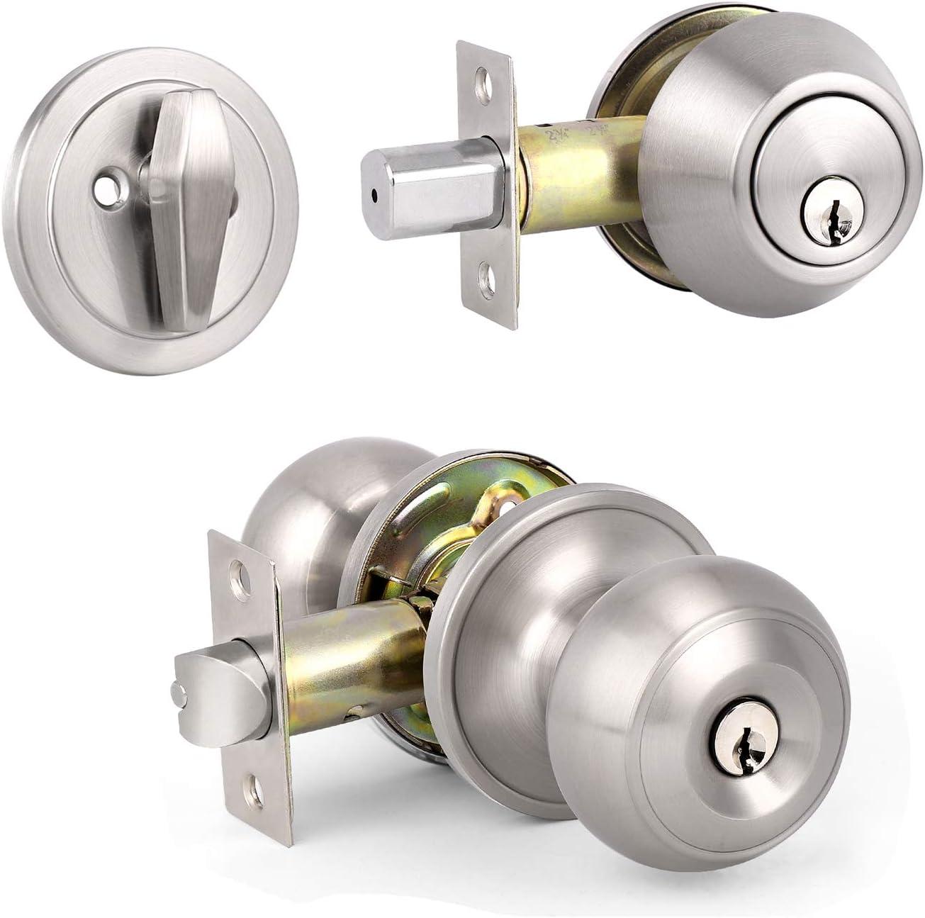 Brushed Nickel Round Stainless Steel Entry Knob and Deadbolt Set