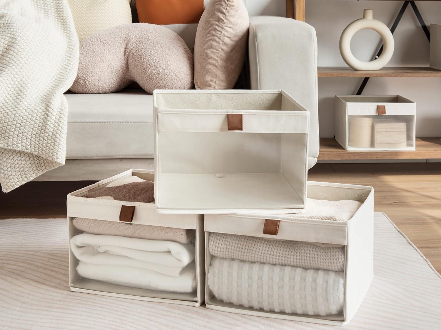 Closet Storage Bins with Clear Window and 2 Handles, Foldable Clothing Bins for Shelves, Large Fabric Organizer, Beige, 3 Pack