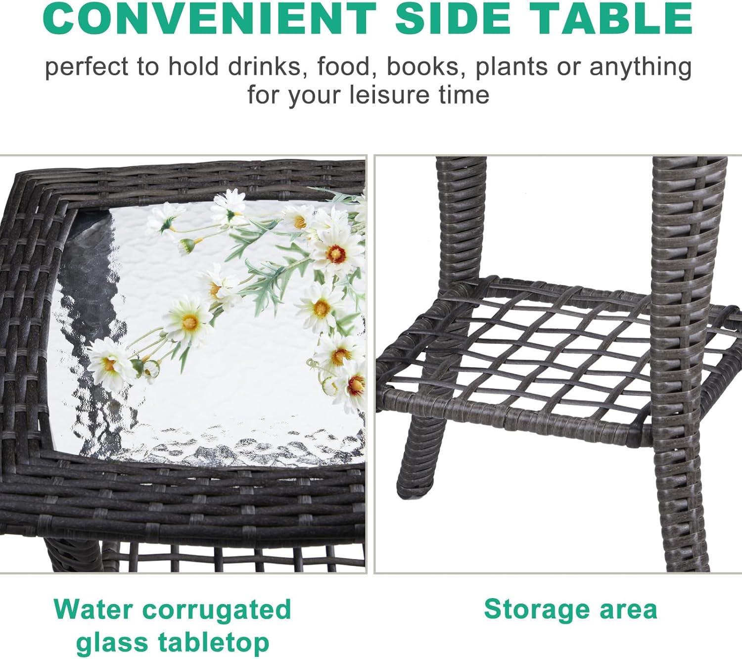 Gray Wicker Outdoor End Table with Glass Top and Storage Shelf