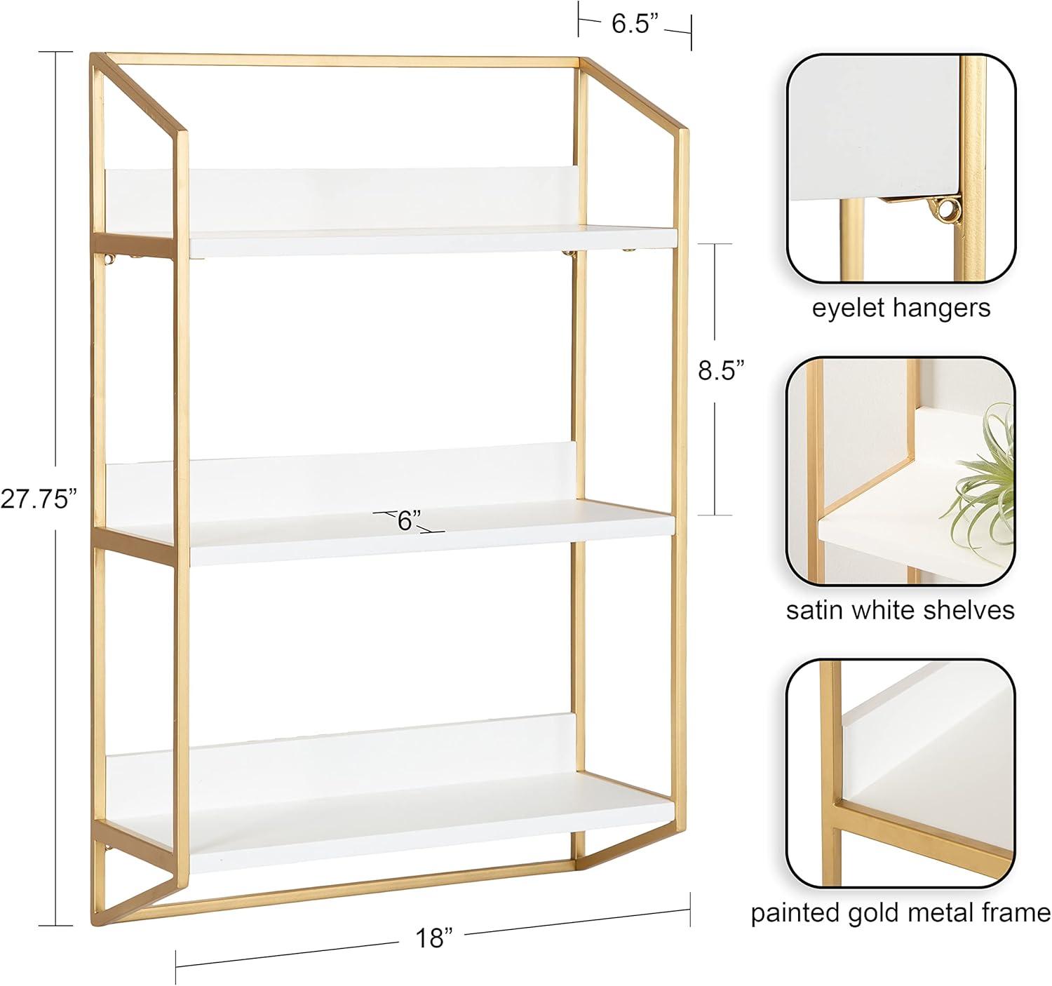 Elegant White and Gold 3-Tier Floating Wooden Wall Shelf