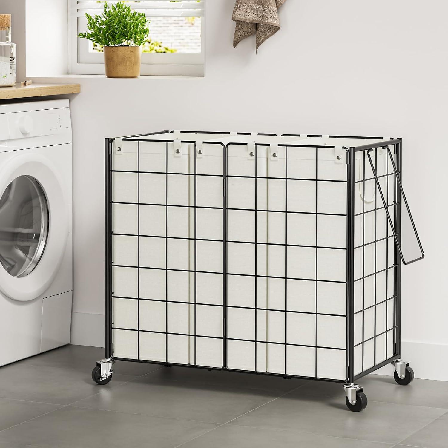 Black and White Wicker Upright Hamper with Wheels