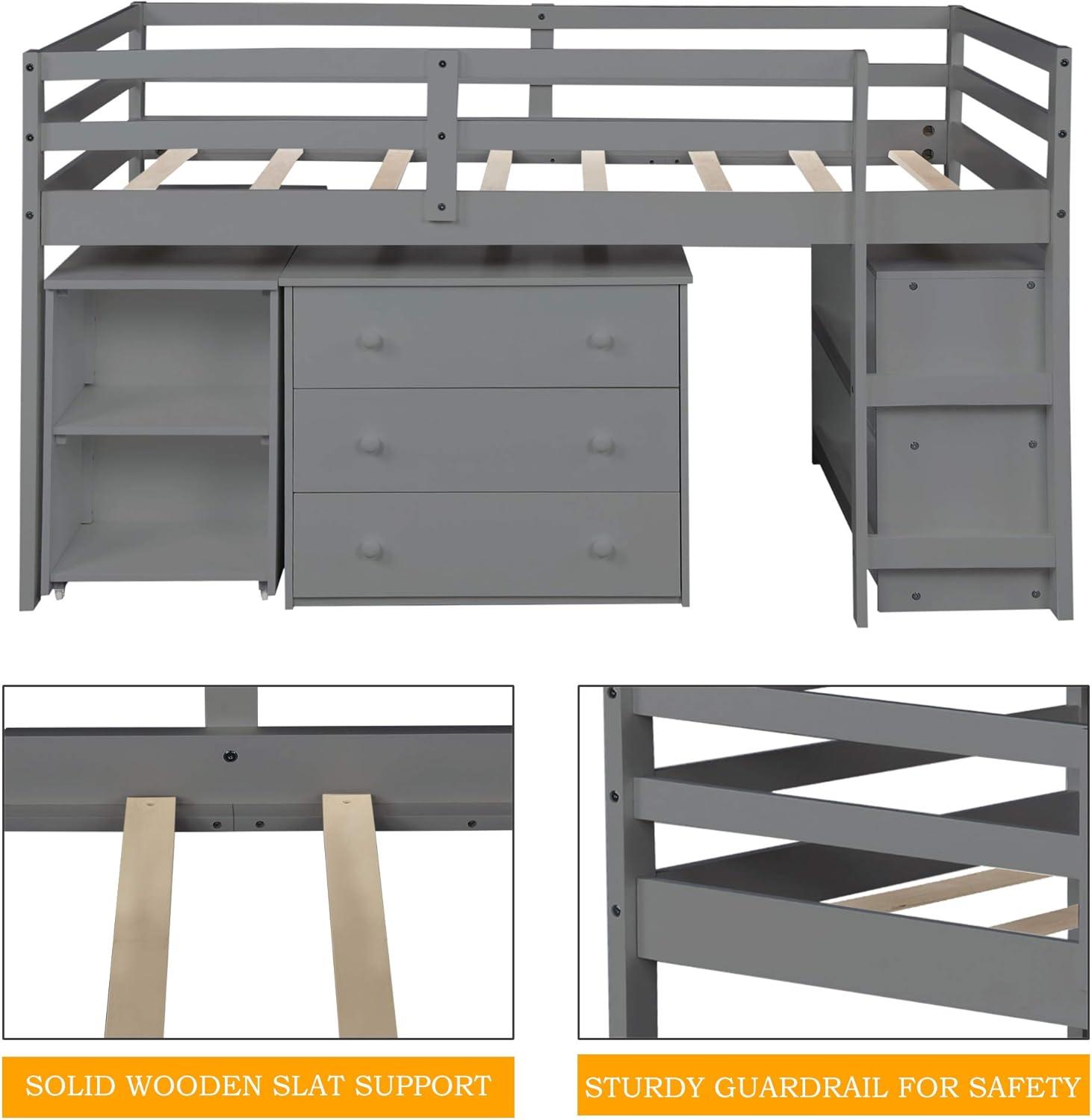 Twin Loft Bed Frame with Rolling Desk, Cabinets and Bookshelf, Wood Low Study Loft Bed with Full-length Guardrail for Kids, No Box Spring Required, Gray