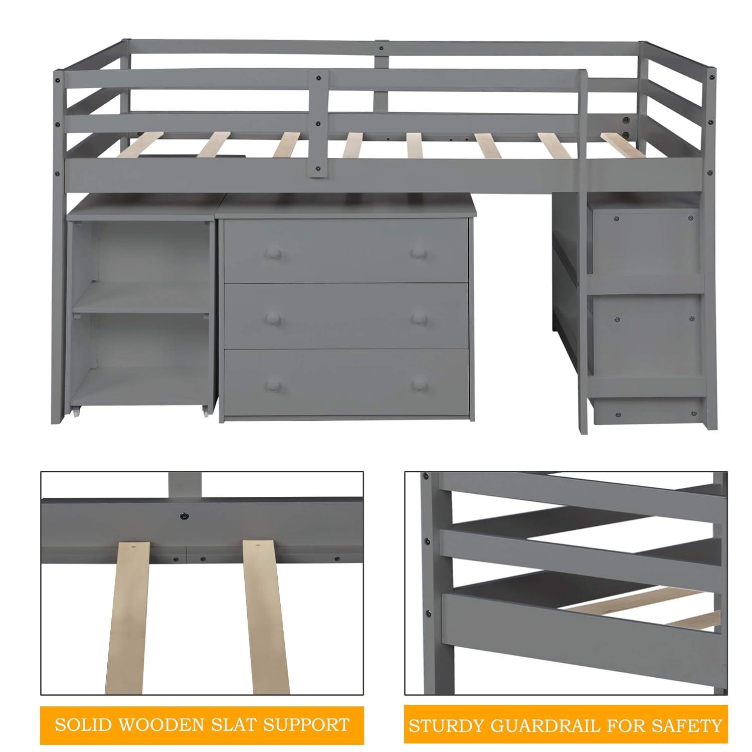 Harper & Bright Designs Twin Loft Bed with Cabinet and Rolling Portable Desk, Wooden Low Study Loft Bed with Drawers, Gray