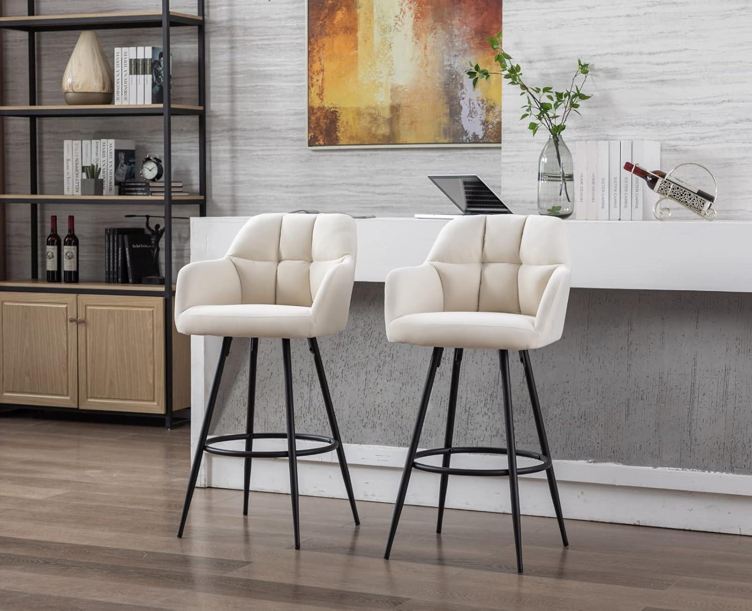 Beige PU Leather Swivel Bar Stools with Iron Legs, Set of 2