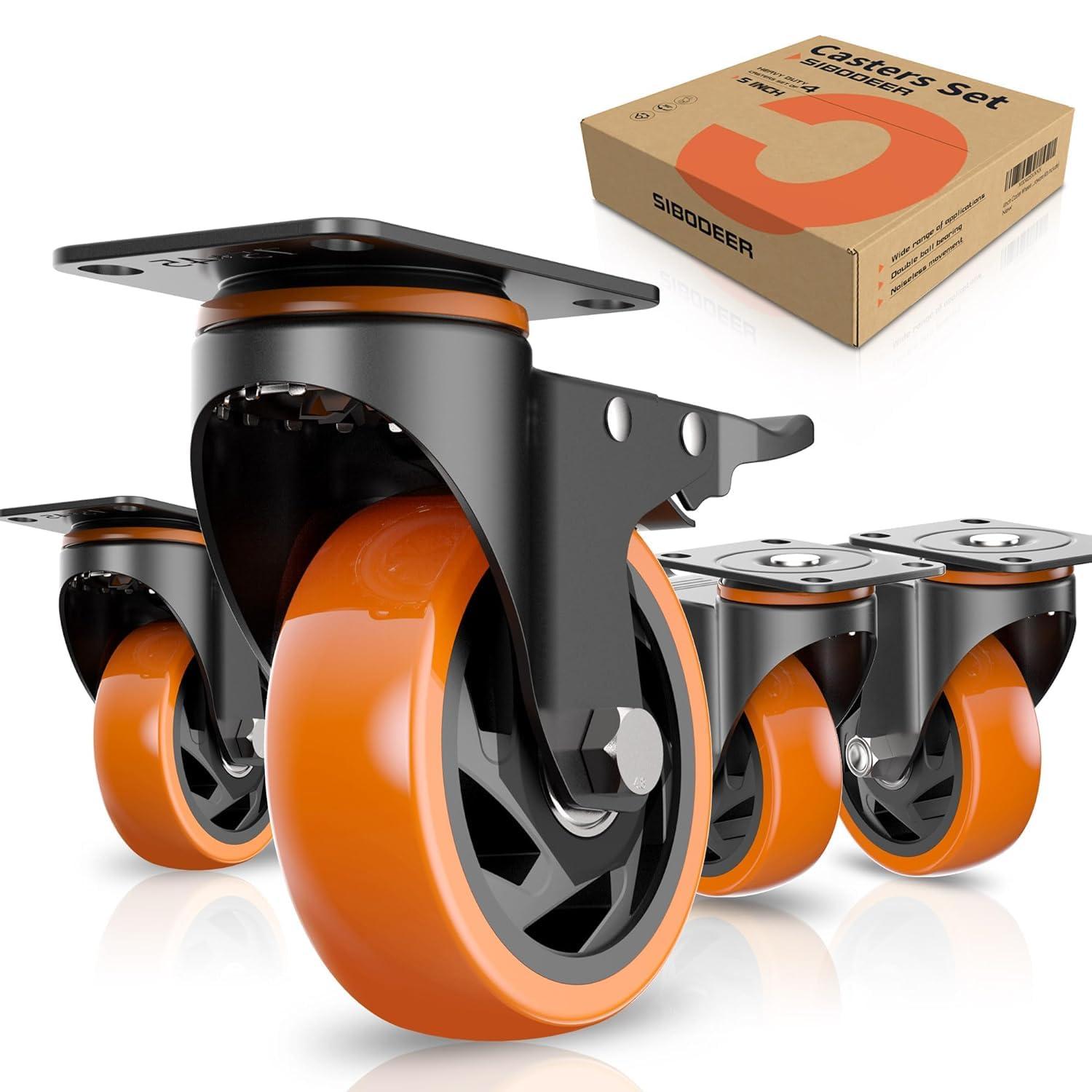 5-Inch Orange Polyurethane Heavy-Duty Swivel Caster Wheels with Brake, Set of 4