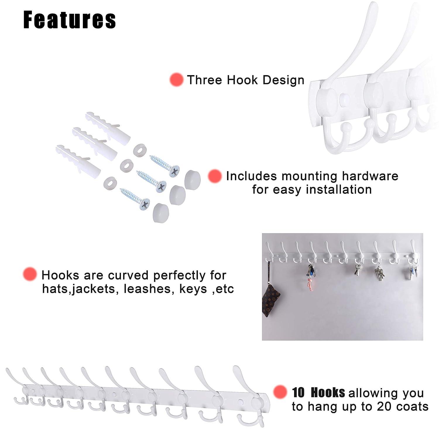 Dseap Coat Rack Wall Mount - 38” Long 10-Tri-Hooks Heavy Duty Coat Hanger Rail Wall Hooks for Hanging Coats Hats Clothing Clothes Purse Mudroom Entryway, White