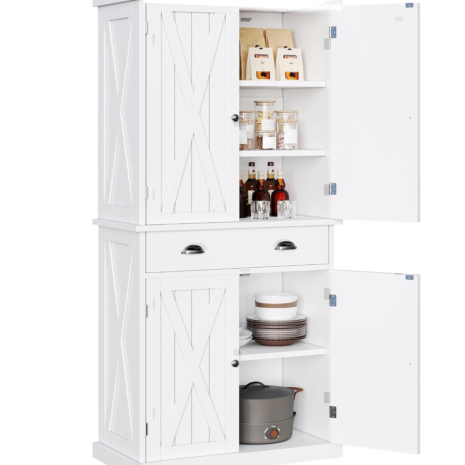 Gracie Oaks Sneyd 72" H Wood Farmhouse Kitchen Pantry Cabinet with Adjustable Shelves & Drawer