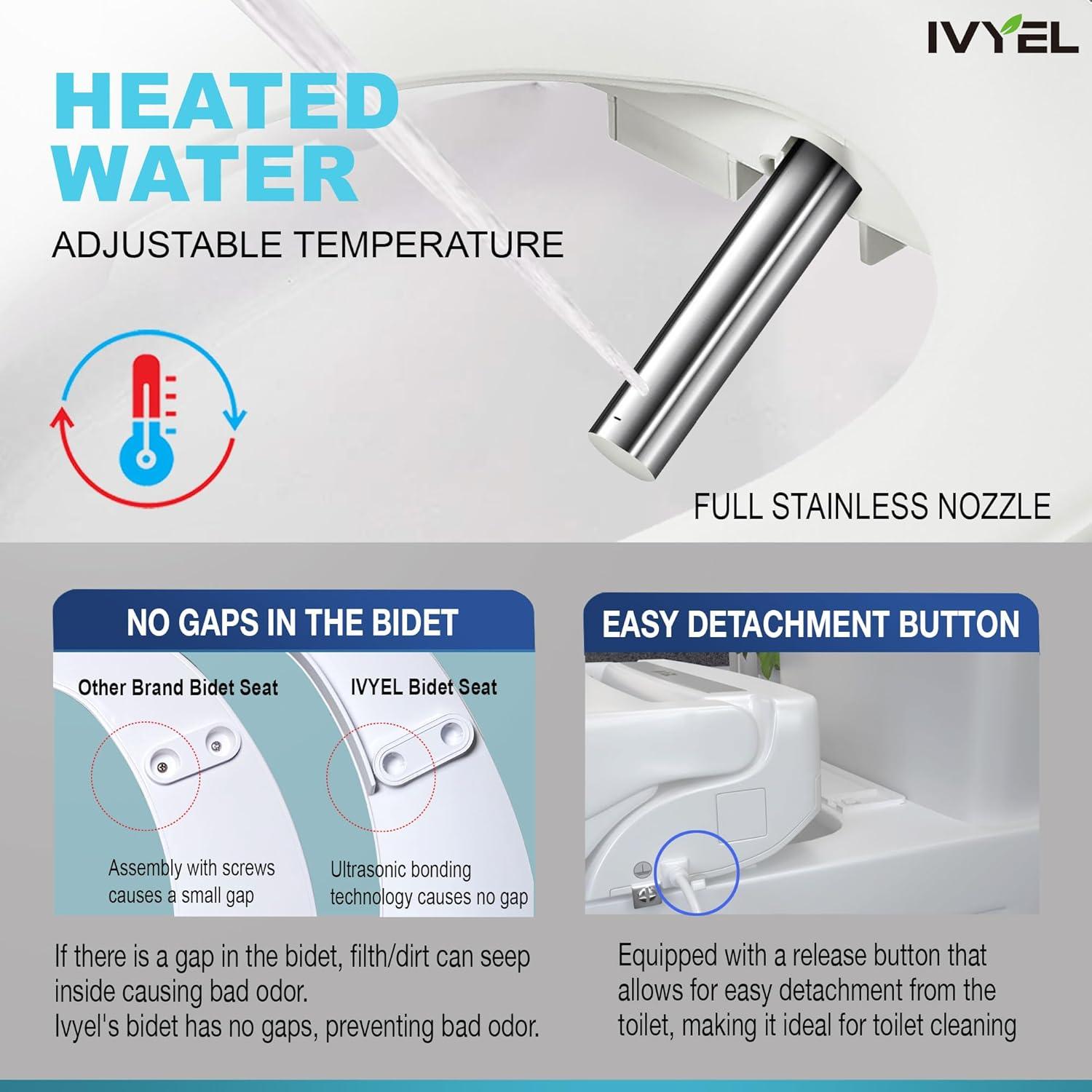 Ivyel GL-3 Smart Electric Bidet for Toilet Seat,Fits Round Toilets,Stainless Steel Self Cleaning Nozzle,Heated bidet Toilet Seat with Warm Water,Air Dryer,Intensive Wash