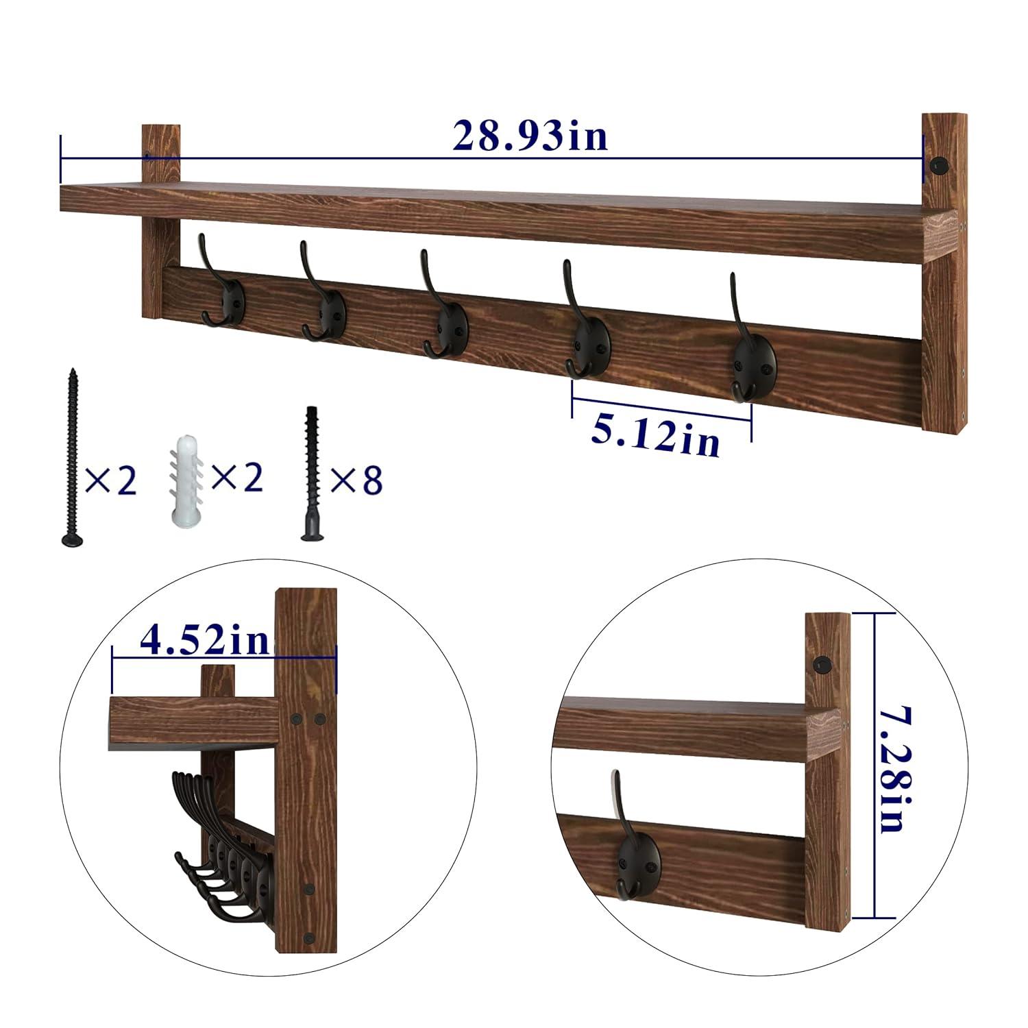 AMBIRD 28.9 Inch Length Shelf with Hooks Entryway Coat Rack Wall Mount Wood Coat Hooks with Shelf Wall-Mounted Coat Hook Rack with 5 Dual Hooks for Bathroom, Living Room, Bedroom (Brown)