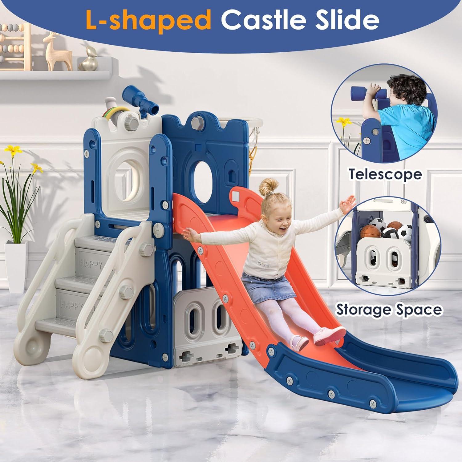 L-Shaped Blue and Orange Toddler Slide with Basketball Hoop