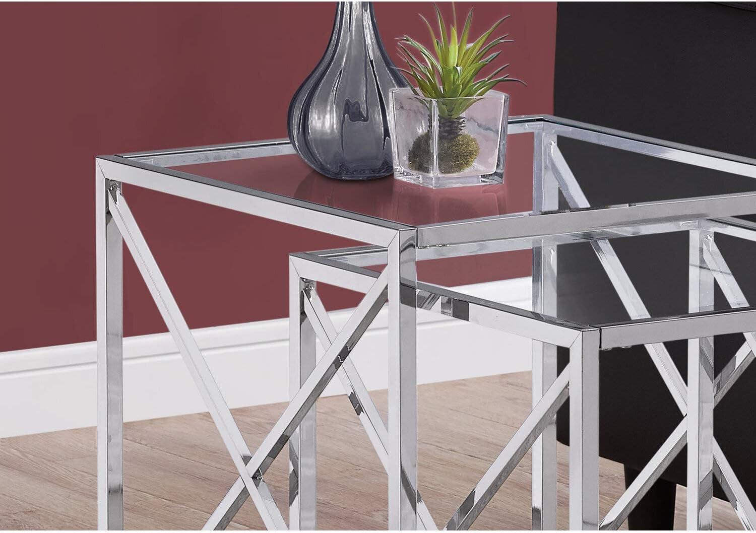 Chic Chrome Metal and Glass Square Nesting Table Set