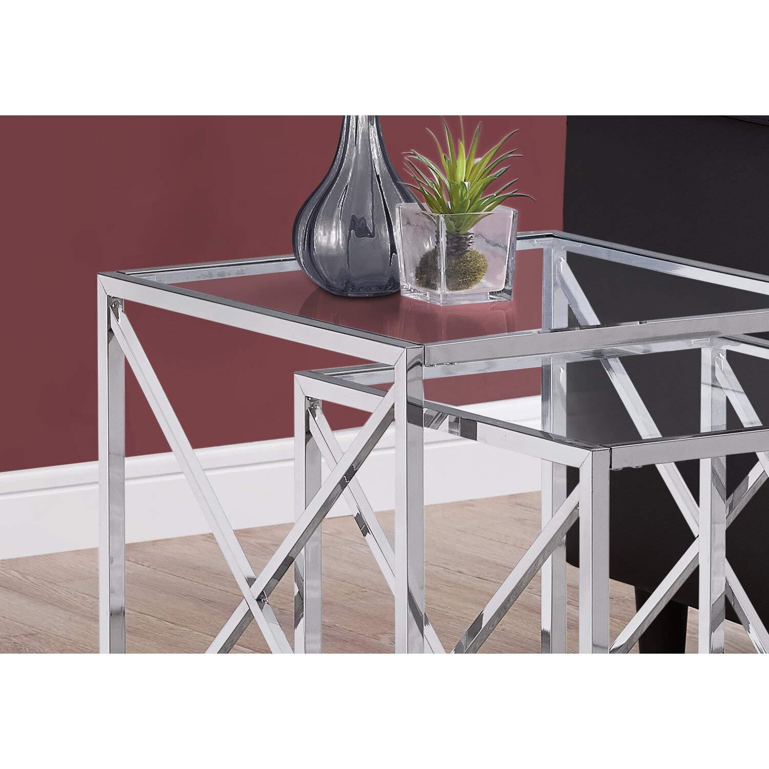 Nesting Table, Set Of 2, Side, End, Accent, Living Room, Bedroom, Metal, Tempered Glass, Chrome, Clear, Contemporary, Modern