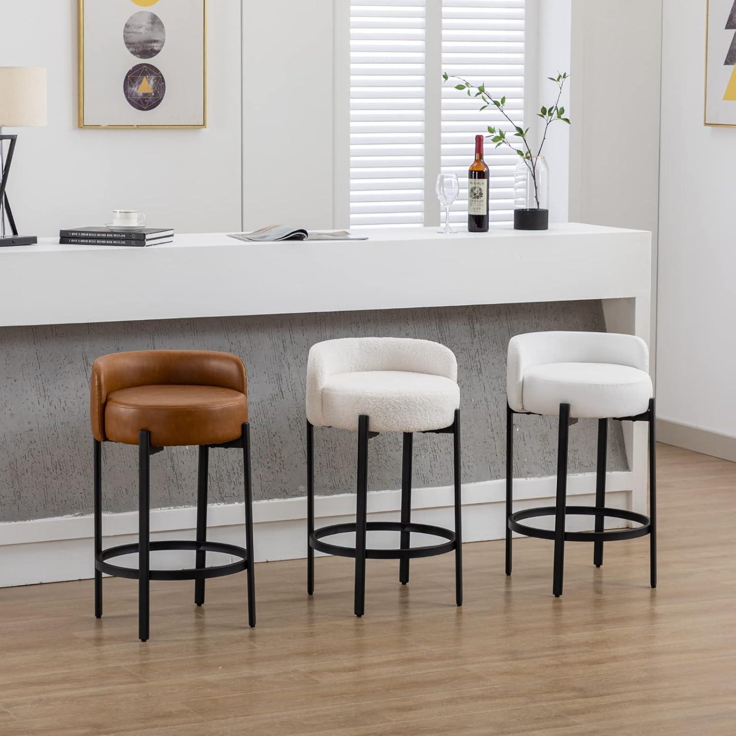 Modern Bar stools Set of 2, 26 Inch Sherpa Fabric Counter Height Barstools with Low Back, Upholstered Round Shape Kitchen Island Stools with Black Metal Legs for Dining Room Bar, White