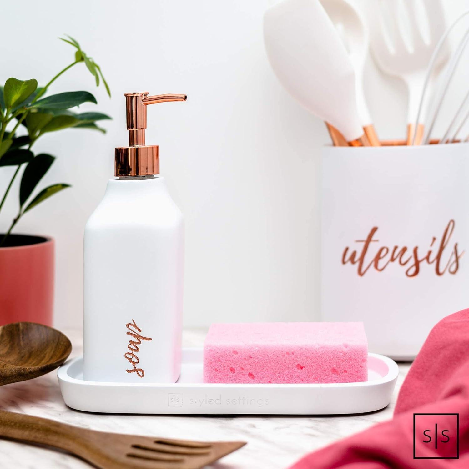 STYLED SETTINGS White Ceramic Utensil Holder with Interior Copper Finish - Large and Sturdy Spatula Holder - Rose Gold Kitchen Accessories, Stylish Countertop Utensil Organizer