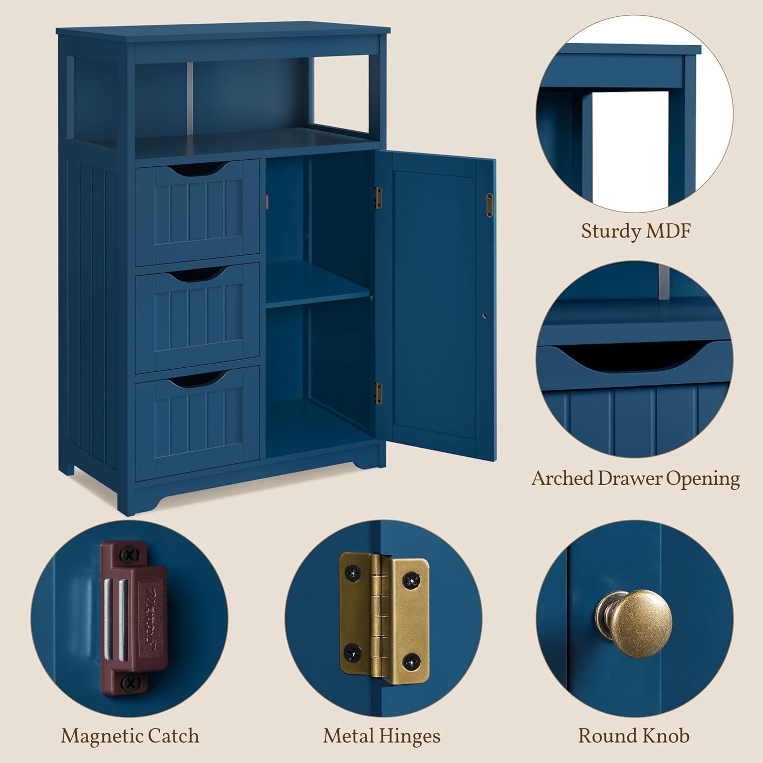 Topeakmart Wood Bathroom Floor Cabinet, Free Standing Storage Cabinet with 3 Drawers and Cupboard for Hallway/Entryway/Living Room Accent Furniture, Navy Blue