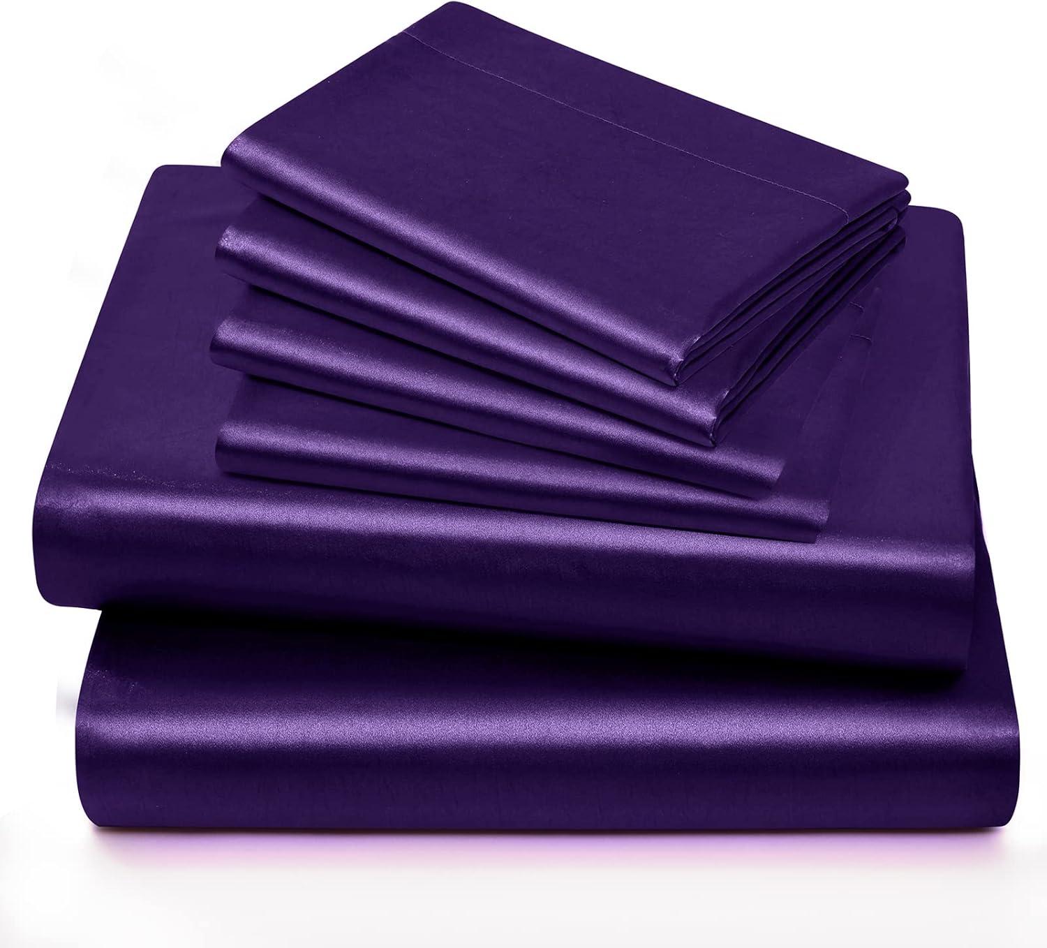 Hight Thread Count Solid Color Soft Silky Charmeuse Satin Luxury and Super Soft Bed Sheet Set (Purple, Queen)