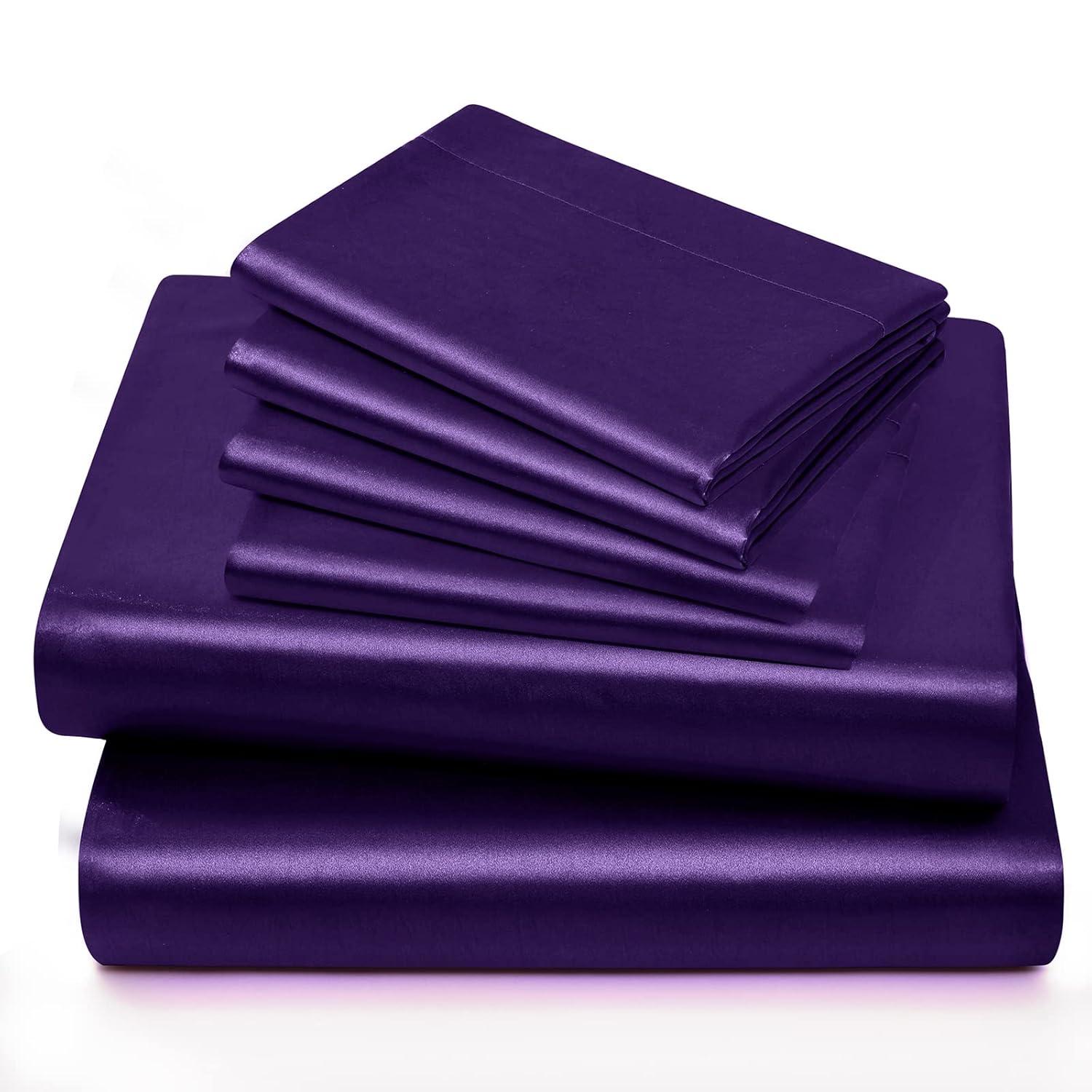 Hight Thread Count Solid Color Soft Silky Charmeuse Satin Luxury and Super Soft Bed Sheet Set (Purple, Queen)