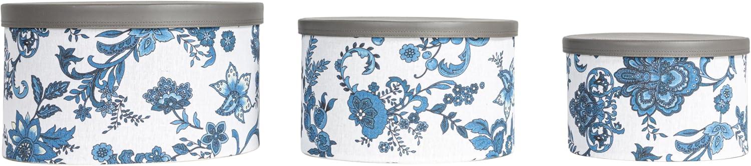 Floral Nestable Hat Boxes with Faux Leather Lids, Cream and Blue, Set of 3