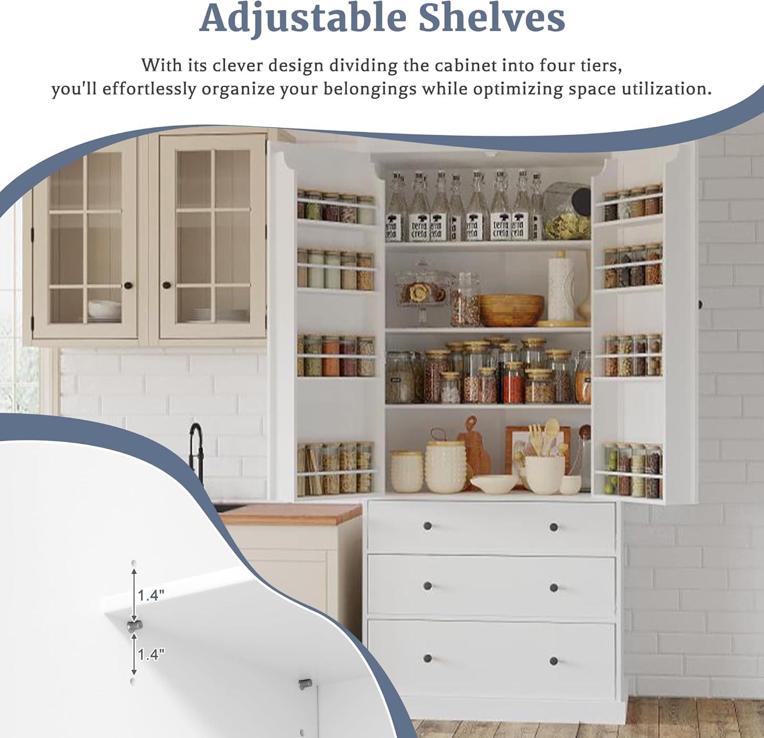 77inch Farmhouse Kitchen Pantry, Wood Storage Cabinet With 3 Adjustable Shelves, Freestanding Tall Cupboard Storage Cabinet With 8 Door Shelves And 3 Drawers For Kitchen, Dining Room (White-CR)