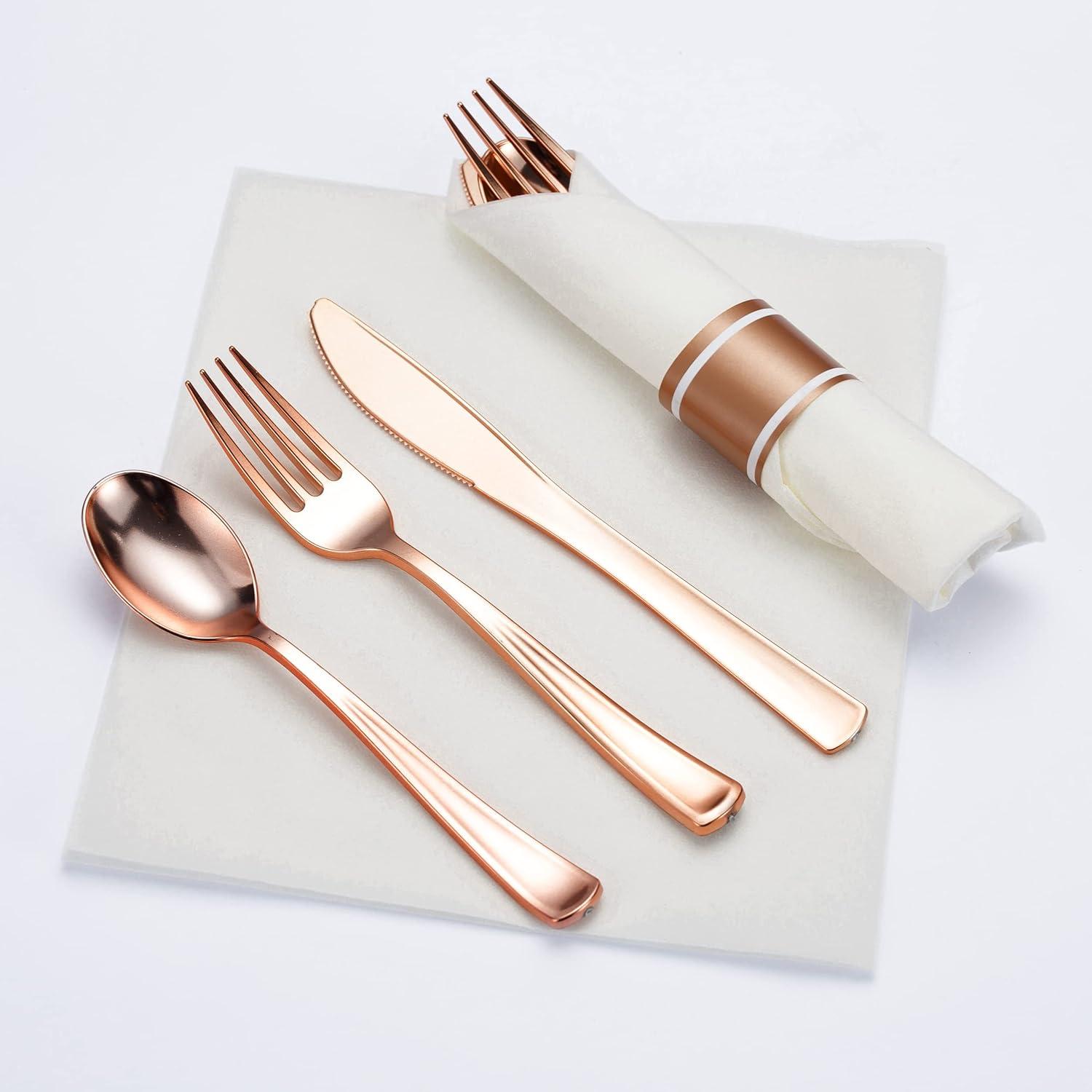 SparkSettings Rose Gold Plastic Silverware, 50 Pre Rolled Napkin and Cutlery Set