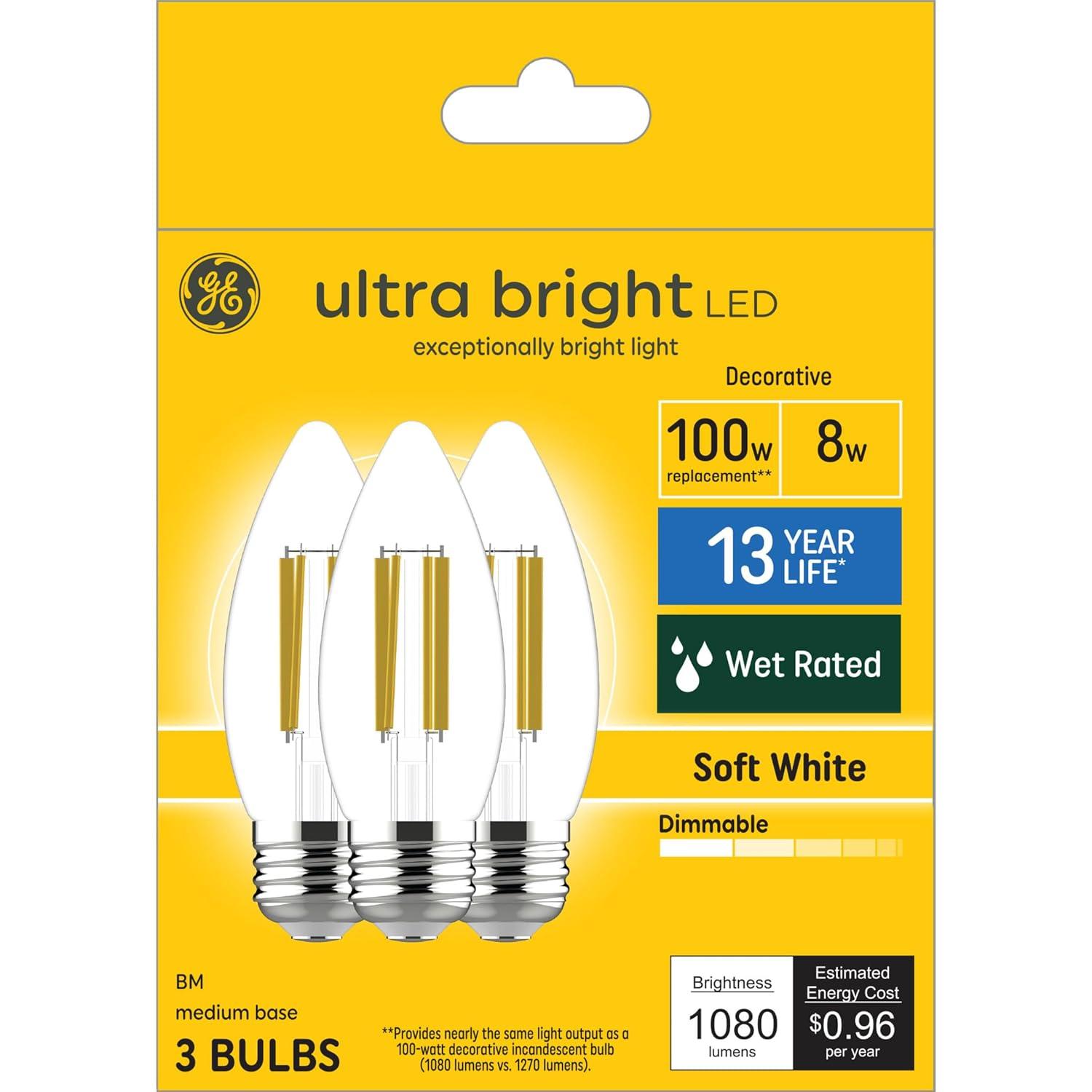 GE Ultra Bright LED Light Bulbs, 100W, Soft White Candle Lights, Clear Decorative B12 Light Bulbs (3 Pack)